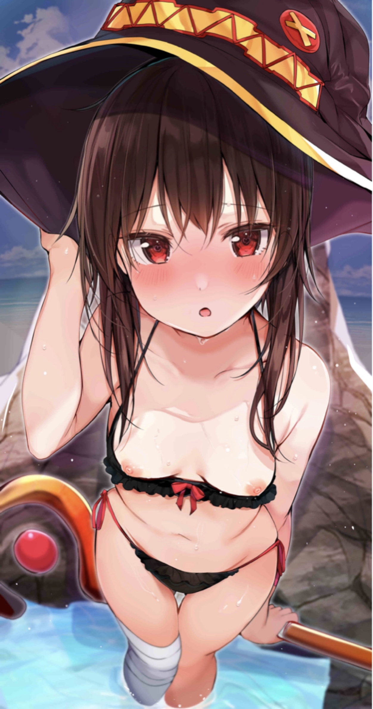 asymmetrical legwear, bandages, beach, bikini, blush, breasts, female, female only, hat, high resolution, kono subarashii sekai ni shukufuku wo!, looking at viewer, megumin, nipples, open mouth, outdoors, partially submerged, red eyes, rouka (akatyann), side-tie bikini, small breasts, solo, solo female, standing, swimsuit, tagme, water, weapon, wet, witch, witch hat