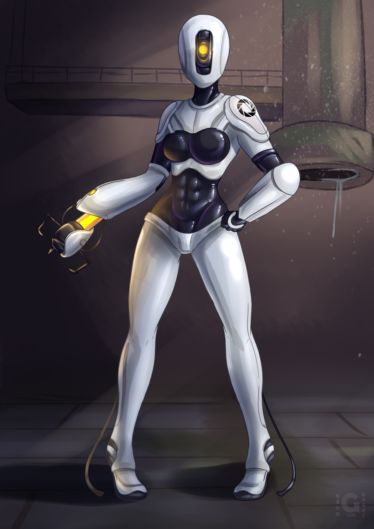 1girls, 2d, after transformation, assimilation, corruption, cybernetic corruption, cybernetic transformation, drone, dronification, enemy conversion, female, female only, glados, glados (humanoid), humanoid, humanoidized, identity death, kevoglum, latex, portal (series), post-transformation, robot, robot girl, robot humanoid, robotization, solo, tech control, transformation