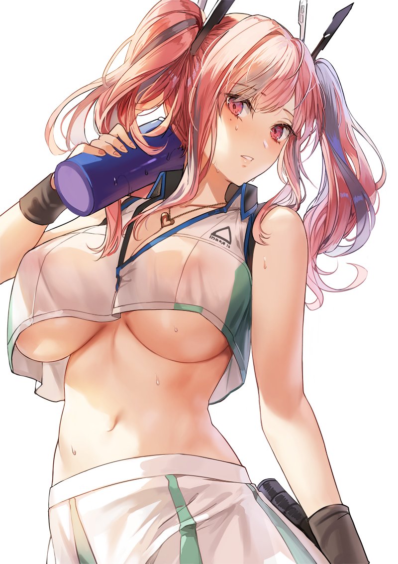 1girls, 2020, azur lane, bare shoulders, breasts, bremerton (azur lane), bremerton (scorching-hot training) (azur lane), cleavage, collared shirt, covered nipples, crop top, crop top overhang, female, female focus, female only, hair ornament, holding, jewelry, kim eb, large breasts, long hair, looking at viewer, midriff, mole, mole under eye, multicolored hair, navel, necklace, no bra, parted lips, pink eyes, pink hair, shirt, simple background, skirt, sleeveless, sleeveless shirt, solo, solo female, stomach, sweat, sweatband, twintails, two-tone hair, underboob, upper body, white background, white shirt, white skirt