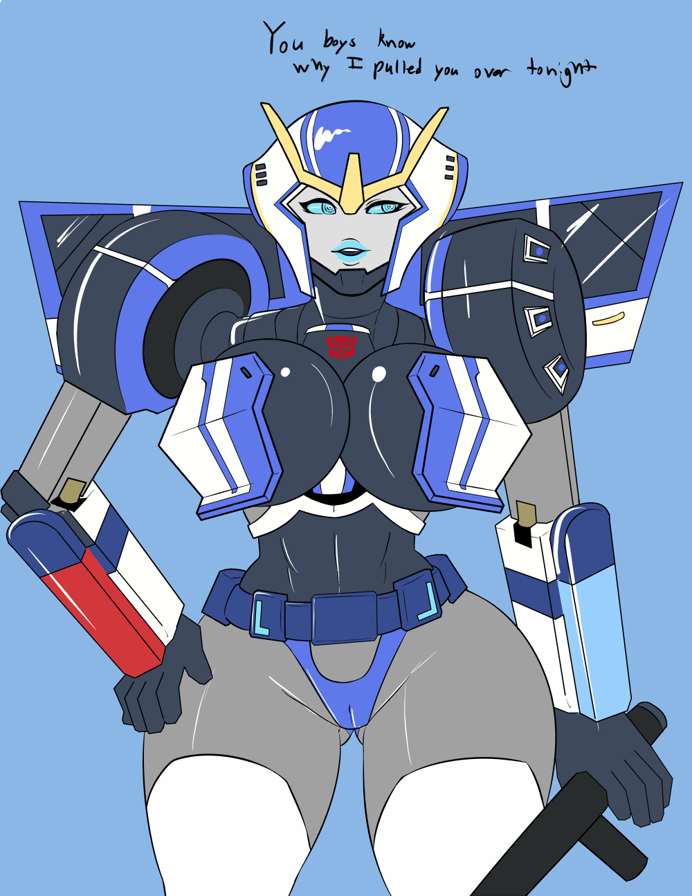 1girls alien alien_girl big_breasts blue_eyes blue_lips blue_lipstick blue_panties blue_thong breasts busty female female_only machine panties robot robot_girl solo solo_female strongarm_(transformers) text thick_thighs thong transformers transformers_robots_in_disguise_(2015)