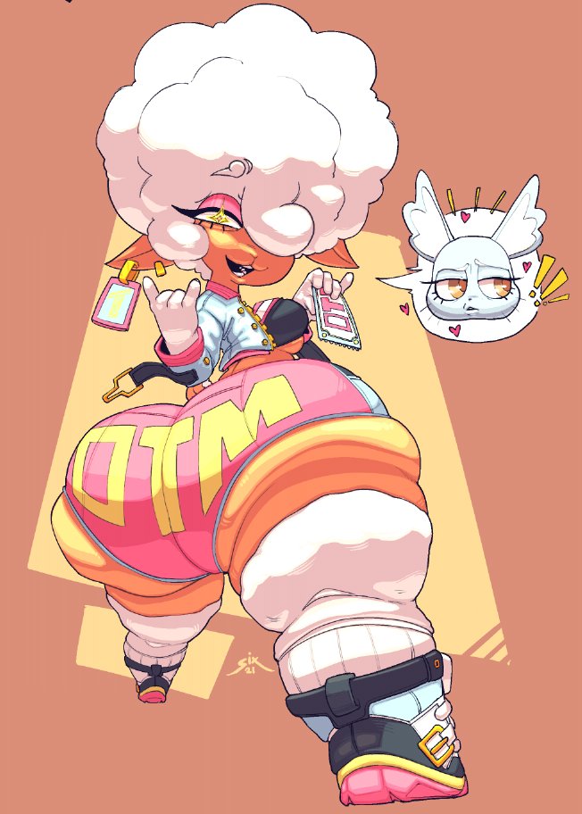 ! ass bottom_heavy breasts earrings female fur hair_over_one_eye heart huge_ass hyper_bimbo manaka_(aggretsuko) sheep sixsidesofmyhead speech_bubble text_on_clothing thick_thighs thorn_(ownintime) wide_hips