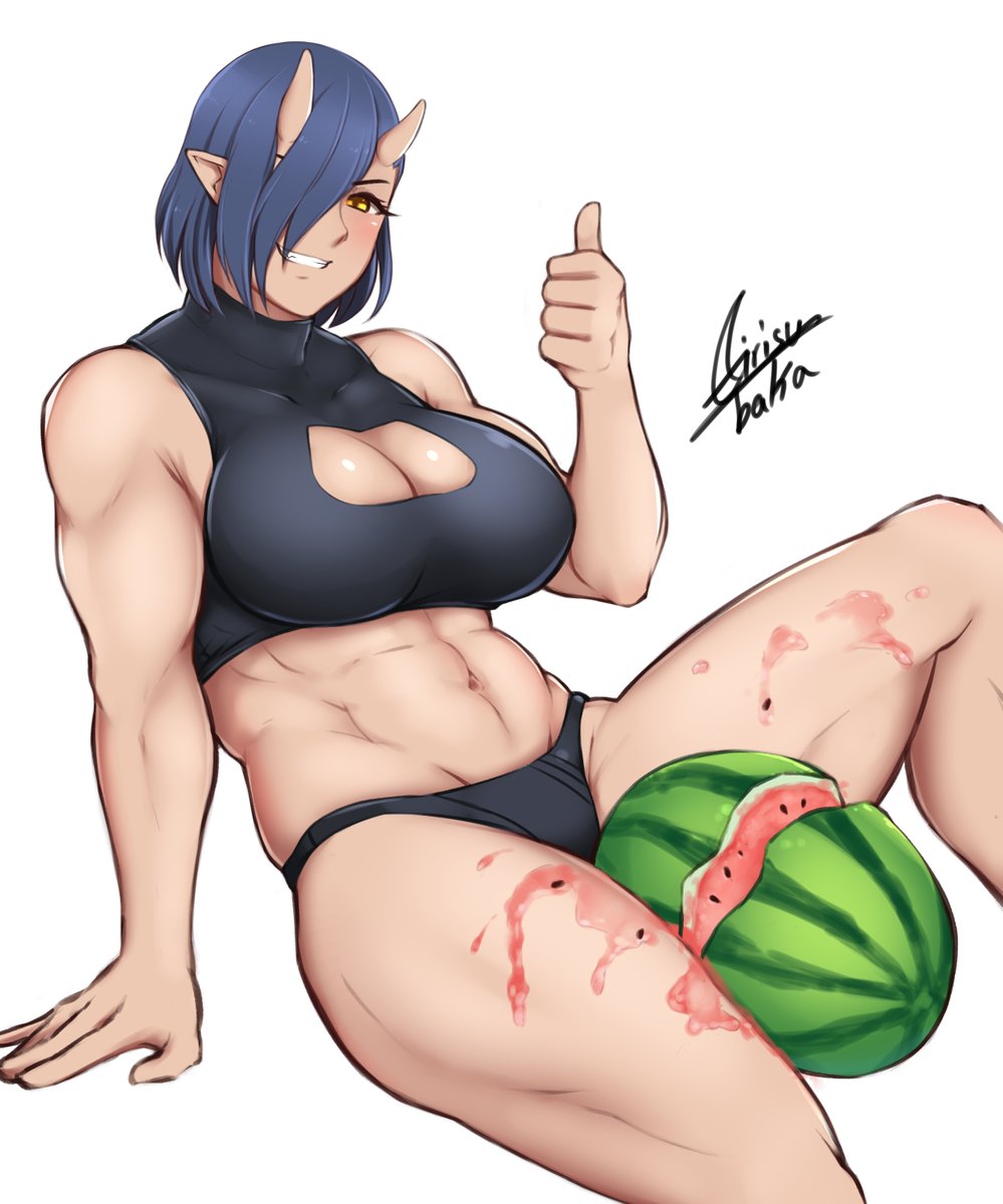 1girls airisubaka big_breasts black_hair blue_hair breaking_watermelon_with_thighs breasts cleavage_cutout clothing_cutout curvy earrings elf-san_wa_yaserarenai female food fruit grin hair_over_one_eye highres horns huge_breasts humanoid jewelry large_breasts mature melon meme muscular muscular_female oga oni oni_horns pale-skinned_female pale_skin pointy_ears short_hair signature simple_background smile solo thick_thighs thumbs_up voluptuous watermelon watermelon_crushing white_background wide_hips yellow_eyes