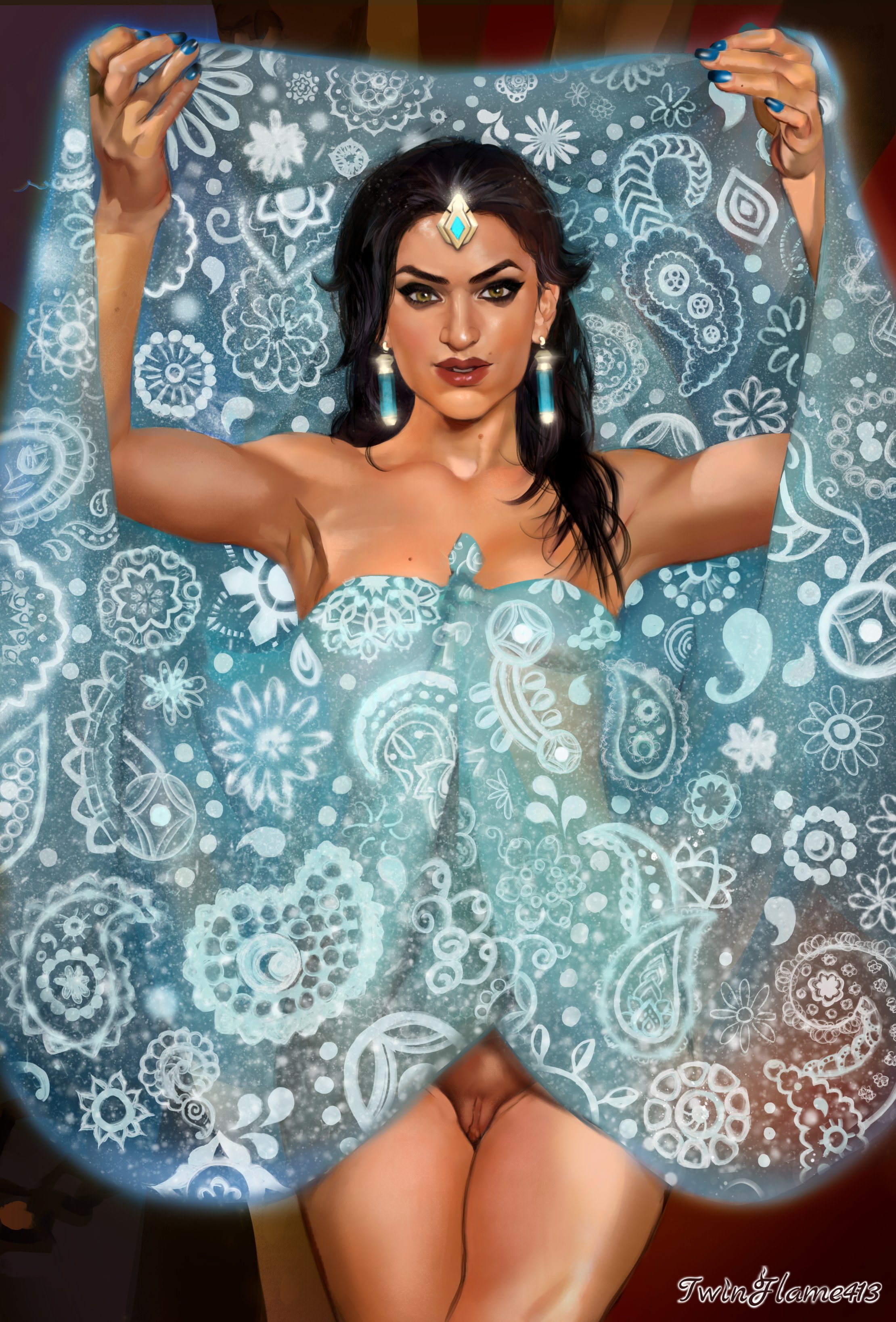 2d, bare shoulders, black hair, blizzard entertainment, breasts, busty, dark skin, dark-skinned female, dress, dress lift, female, hazel eyes, hourglass figure, indian, labia, makeup, nail polish, overwatch, pussy, solo, standing, symmetra, tagme, twinflame, vagina, wide hips