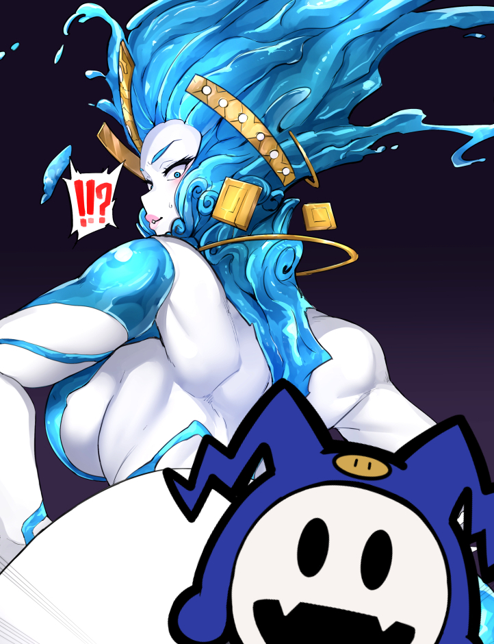 !!? 1girls anahita_(megami_tensei) atlus back_muscles back_view blush breasts censored cropped female functionally_nude goddess implied_penetration jack_frost_(megami_tensei) jewelry milf nuezou shin_megami_tensei shin_megami_tensei:_strange_journey shin_megami_tensei_v sideboob surprised surprised_expression surprised_face white_skin