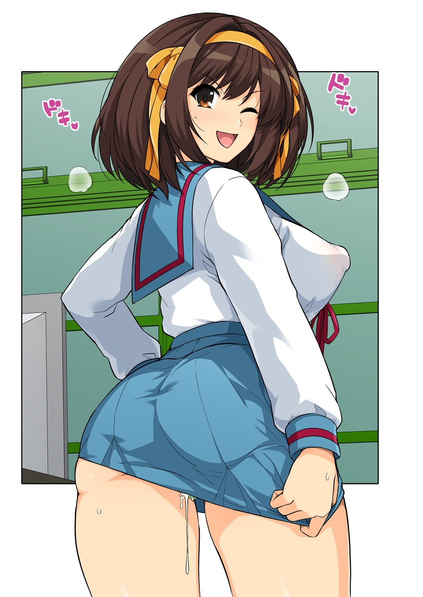 1girls, breasts, clothing, condom, covered nipples, cum, erect nipples, erect nipples under clothes, female, haruhisky, large breasts, nipples, one eye closed, pussy, pussy juice, school uniform, skirt, solo, standing, suzumiya haruhi, suzumiya haruhi no yuuutsu, used condom