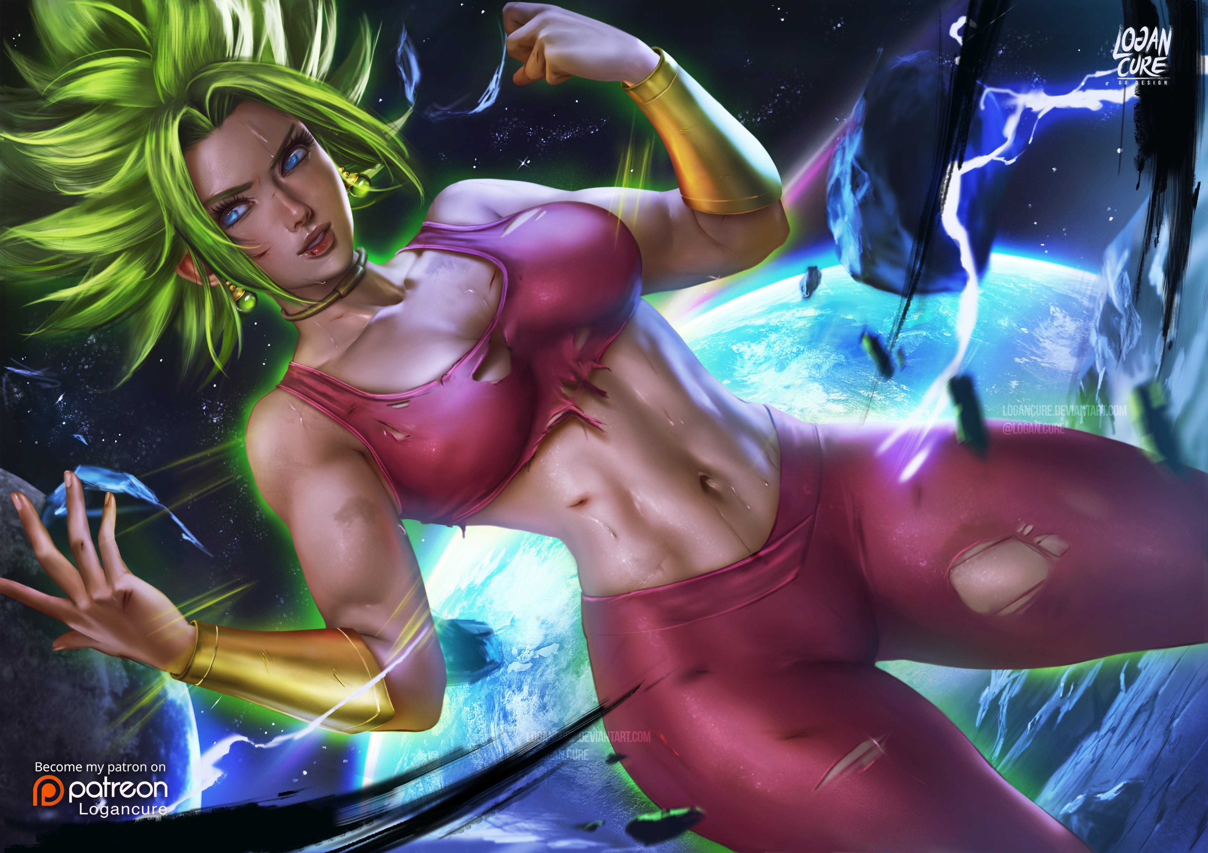 blue eyes, dragon ball, dragon ball super, female, fit, green hair, kefla, legendary super saiyan, logan cure, navel, saiyan, super saiyan, super saiyan 2, tagme, torn clothes