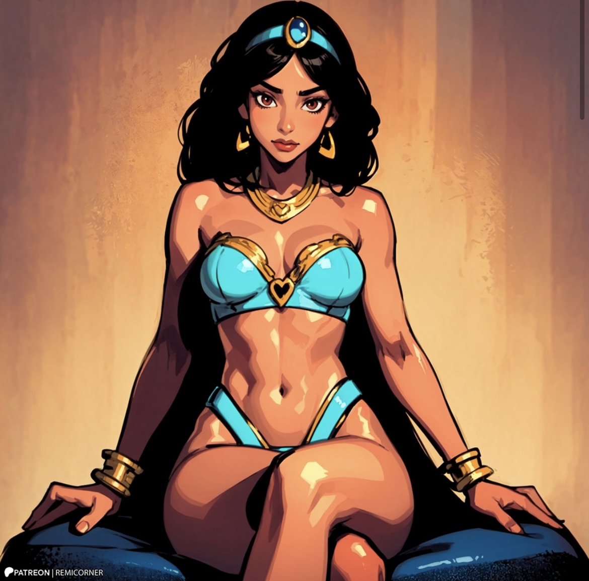 1girls, ai generated, aladdin, black hair, bracelets, brown eyes, clothed, crossed legs, dark skin, dark-skinned female, disney, disney princess, earrings, female, human, long hair, looking at viewer, midriff, navel, neckwear, princess jasmine, sitting, solo, stomach, thighs