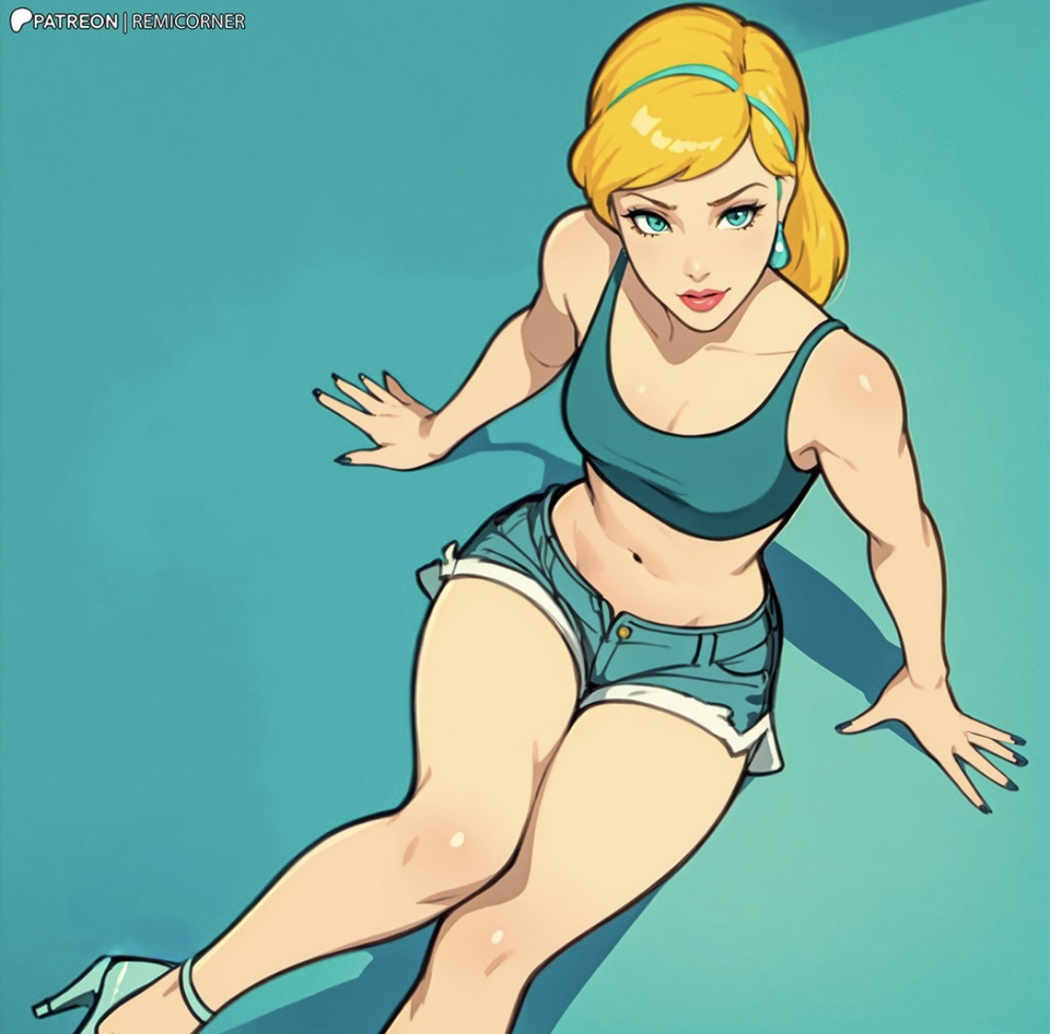 1girls, ai generated, cinderella (1950 film), cinderella (disney), disney, disney princess, female, female only, jean shorts, midriff, solo, sports bra, sportswear, tagme