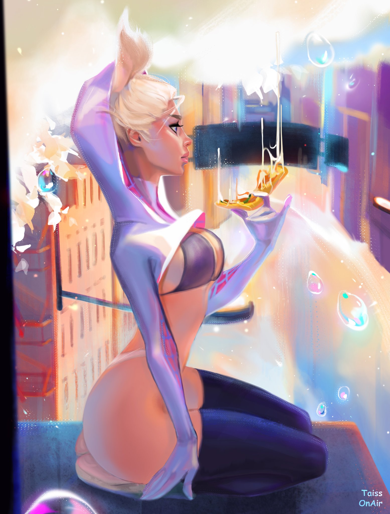1girls, blonde hair, female, functionally nude, gwen stacy, gwen stacy (spider-verse), light skin, light-skinned female, marvel, marvel comics, solo female, spider-gwen, spider-man (series), spider-man: across the spider-verse, spider-man: into the spider-verse, tagme, upside-down