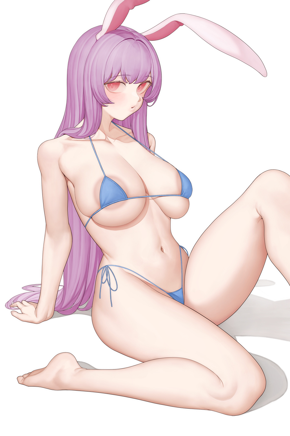 animal_ears areola_slip arm_support bare_arms bare_legs bare_shoulders barefoot bikini blue_bikini blush collarbone female highleg highleg_bikini highres knee_up large_areolae leaning_back long_hair looking_at_viewer micro_bikini navel ni_(221) parted_lips purple_hair rabbit_ears red_eyes reisen_udongein_inaba side-tie_bikini_bottom simple_background sitting skindentation solo stomach straight_hair strap_gap swimsuit touhou very_long_hair white_background