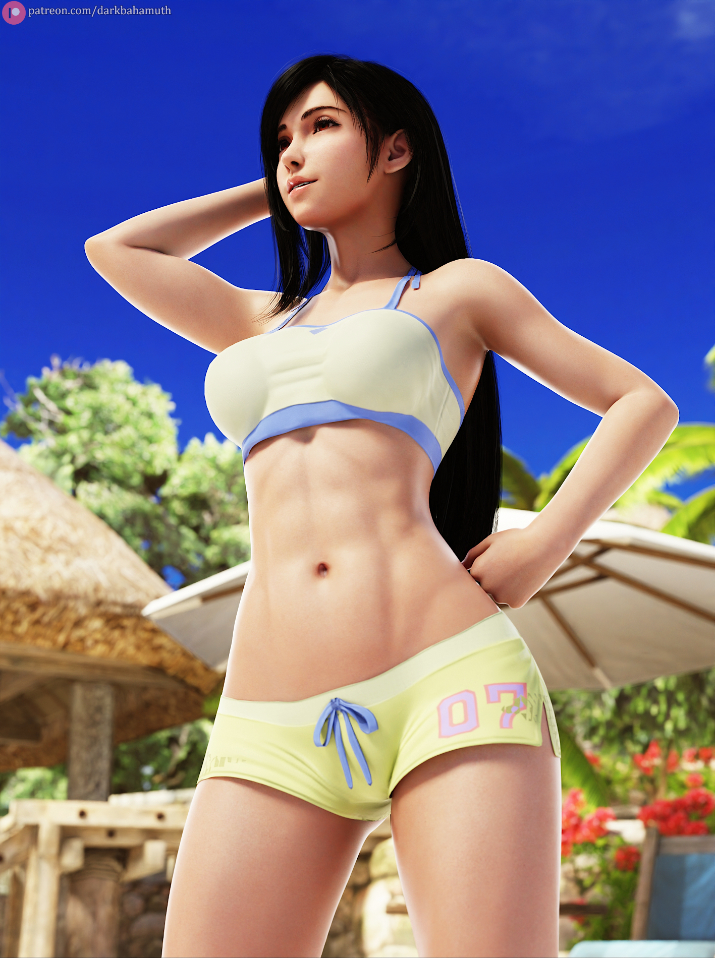 1girls, 3d, abs, artist upload, athletic, athletic female, belly, bikini, cowboy shot, darkbahamuth, female, final fantasy, final fantasy vii, fitness, front view, hand behind head, hand on hip, legs apart, midriff, nave;, pinup, self upload, sfw, shorts, standing, tifa lockhart