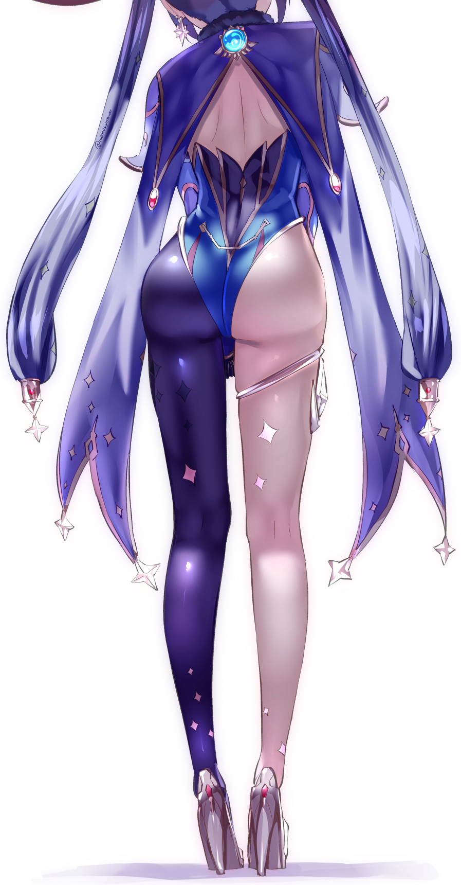 1girls, 2021, alternate version available, ass, ass focus, ass shot, back, back view, backless outfit, black hair, blue leotard, bubble ass, bubble butt, female, female focus, female only, genshin impact, hair ornament, hat, heels, high heels, highleg leotard, huge ass, large hat, leggings, leotard, long hair, long legs, looking forward, mona (genshin impact), sheer legwear, simple background, standing, star (symbol), twintails, uenoryoma, white background, witch hat