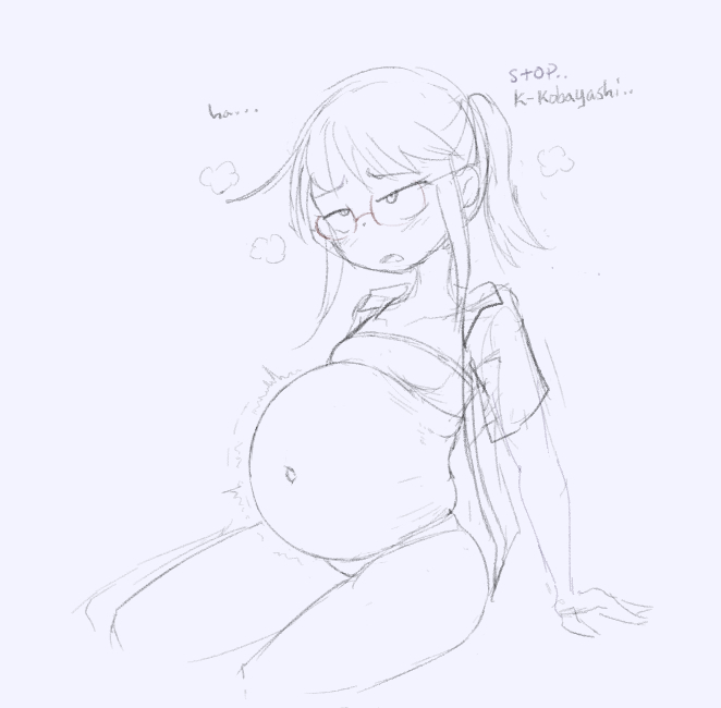 belly_bulge belly_expansion bloated bloated_belly bloated_stomach kanubi kobayashi looking_up miss_kobayashi's_dragon_maid ponytail sketch spaced_out stretch_marks stuffed_belly