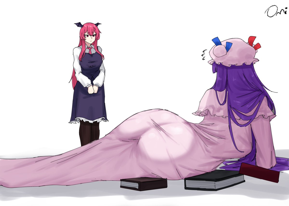 2d 2girls artist_name artist_signature ass big_ass black_skirt black_vest books dat_ass duo fat_ass female hat huge_ass koakuma large_ass long_hair long_sleeves looking_at_another looking_at_each_other looking_down lying lying_on_side marvel_reference meme meme_reference mob_cap necktie omikami patchouli_knowledge pink_dress purple_hair red_eyes red_hair rogue_dat_ass_(meme) shirt simple_background skirt solid_color_background source stockings succubus tie touhou vest white_background white_shirt wings_on_head