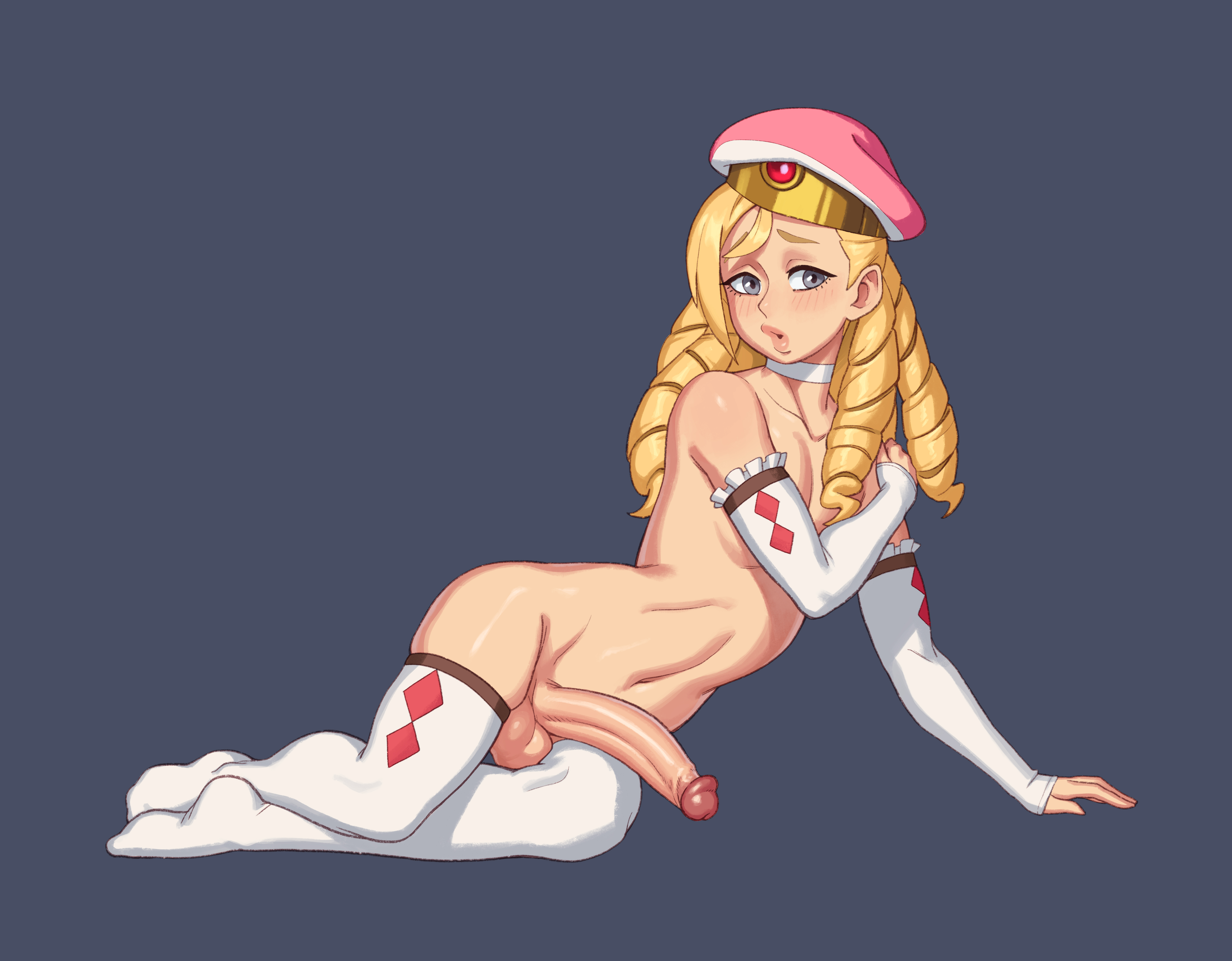 1boy, balls, beret, blonde hair, choker, drill curls, drill hair, femboy, feminine male, fire emblem, fire emblem fates, forrest (fire emblem), girly, gloves, grey eyes, hat, hung trap, lips, long hair, looking at viewer, male, male focus, male only, naked gloves, naked hat, naked headwear, naked stockings, nintendo, nude, nude male, penis, rizdraws, solo, source request, thighhighs, trap, year request