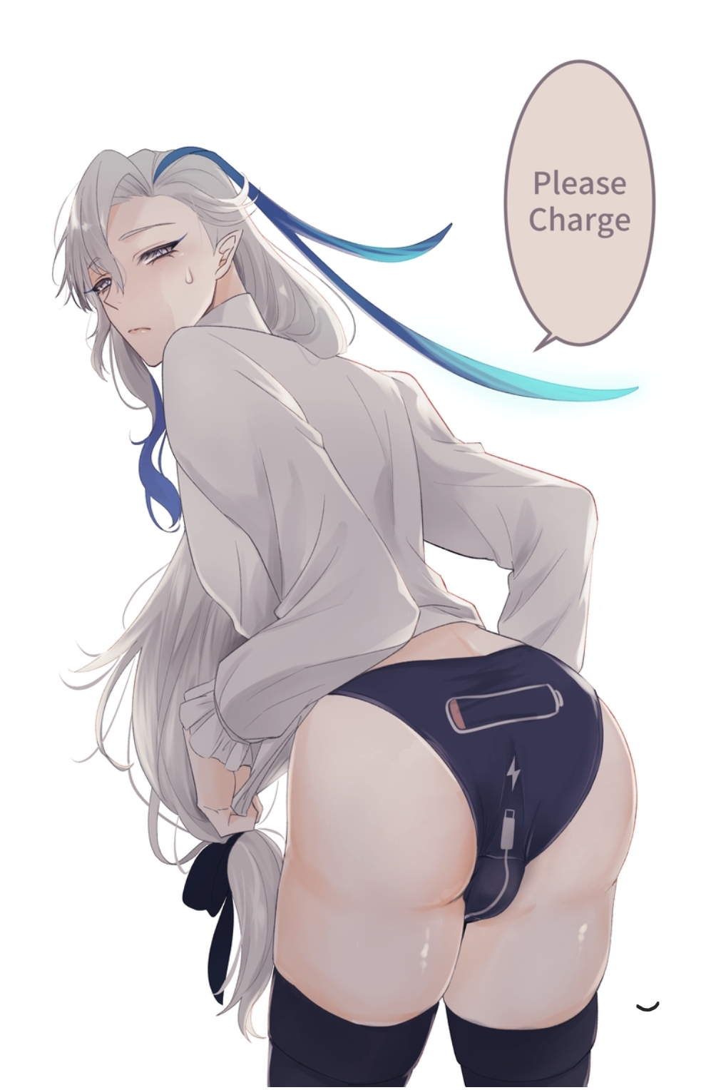 1boy, asking for it, ass, ass focus, bent over, genshin impact, long hair, looking at viewer, looking back, male, male only, multicolored hair, neuvillette (genshin impact), solo, stockings, sweat, sweatdrop, thighhighs, thighs, underwear, white hair, wriothesley (genshin impact), yaoi