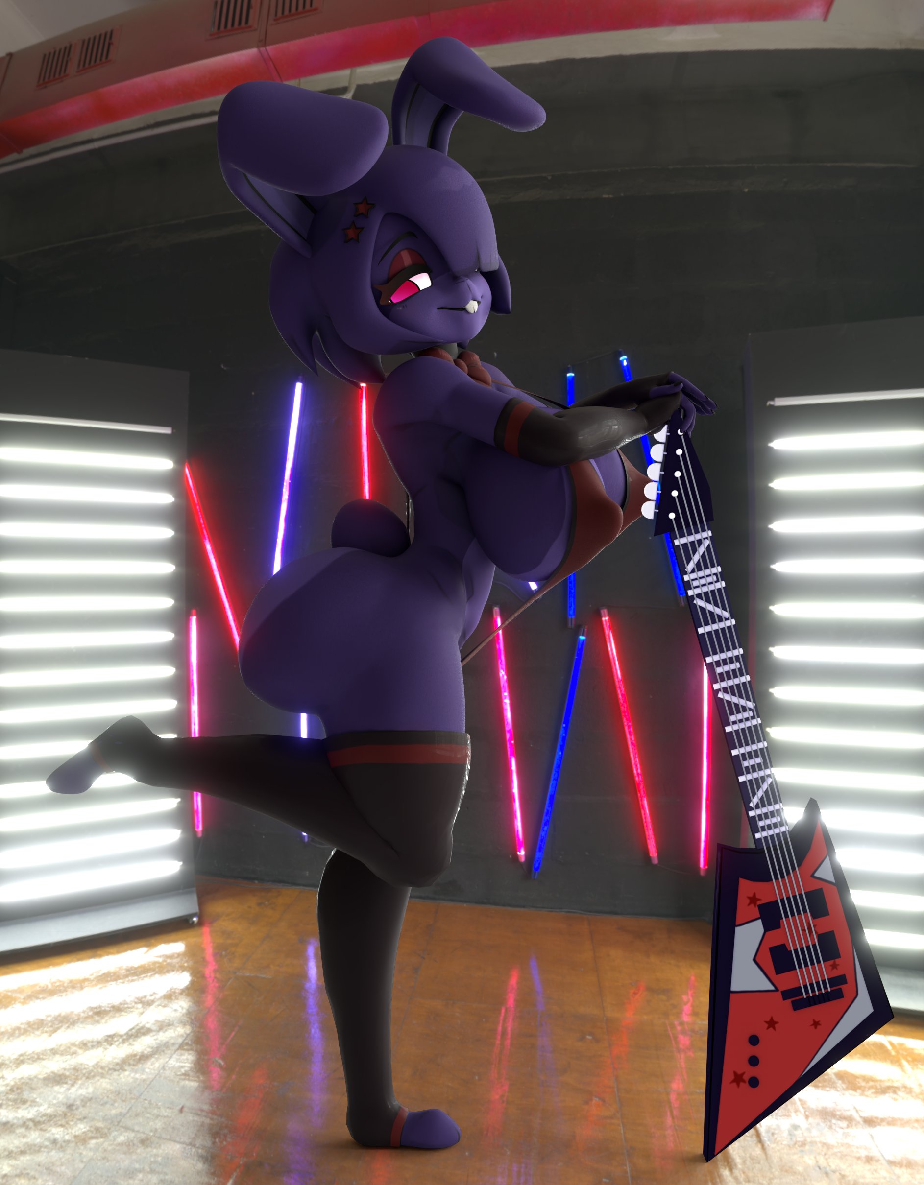 1furry, 1girls, 3d, ass, big breasts, bonfie, bonfie (cryptia), bonnie (cally3d), bonnie (fnaf), breasts, bunny ears, bunny girl, female, five nights at freddy's, fnaf, fredina's nightclub, furry only, guitar, pose, purple hair, purple skin, red eyes, round ass, round butt, scottgames, shocking (artist), short hair, solo, solo female, thighhighs, thighs