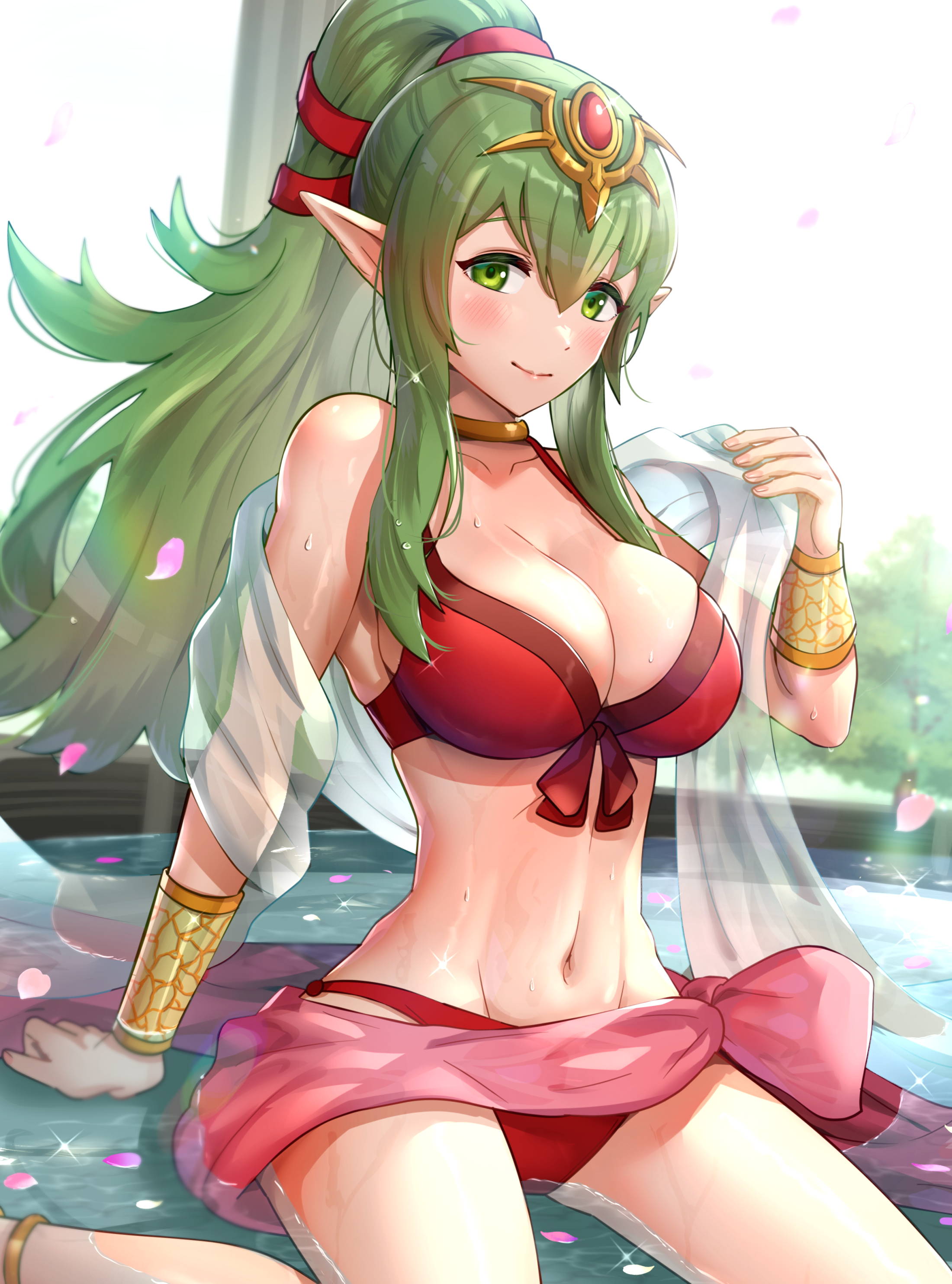 1girls, 2021, absurdres, alternate costume, arm support, bangs, bare shoulders, bikini, blush, bracelet, breasts, cleavage, closed mouth, collarbone, commentary, female, fire emblem, fire emblem awakening, fire emblem heroes, gonzarez, green eyes, green hair, highres, jewelry, large breasts, lips, long hair, looking at viewer, medium breasts, nintendo, partially submerged, petals, pointy ears, ponytail, red bikini, red swimsuit, sarong, shiny, shiny hair, shiny skin, simple background, sitting, smile, solo, swimsuit, tiara, tied hair, tiki (fire emblem), tiki (fire emblem) (adult), wariza, water, water drop, wet, white skin
