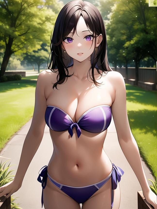 1girls ai_generated ai_mirror belly_button bikini blush brown_hair garden grass long_hair looking_at_viewer outside purple_bikini purple_eyes small_breasts stone_path strapless_bikini tied_bikini trees white_skin wooden_fence