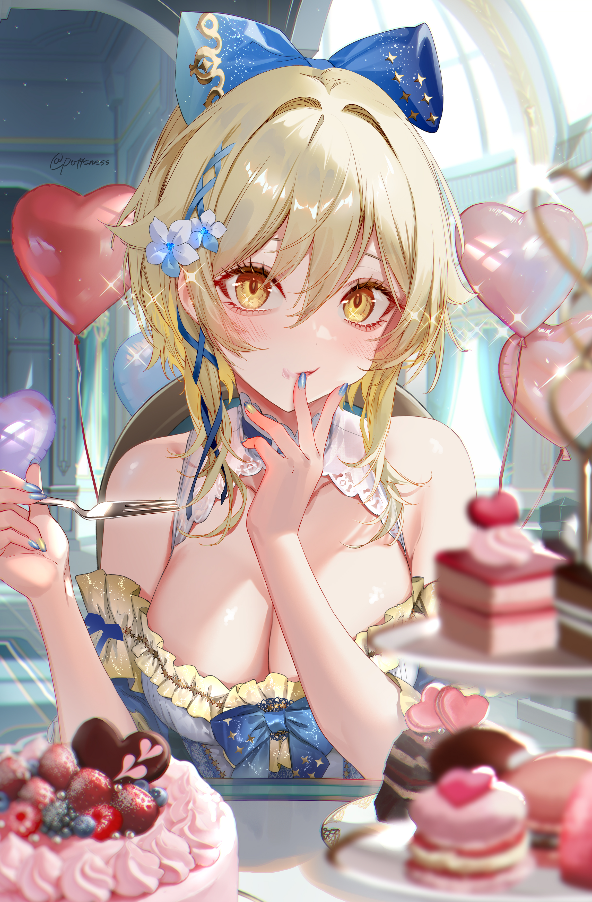 1girls, blonde hair, blush, blushing at viewer, breasts, cake, cleavage, cleavage cutout, cleavage overflow, eating, female, female focus, female only, food, genshin impact, large breasts, light skin, light-skinned female, looking at viewer, lumine (genshin impact), pottsness, short hair, tagme, yellow eyes