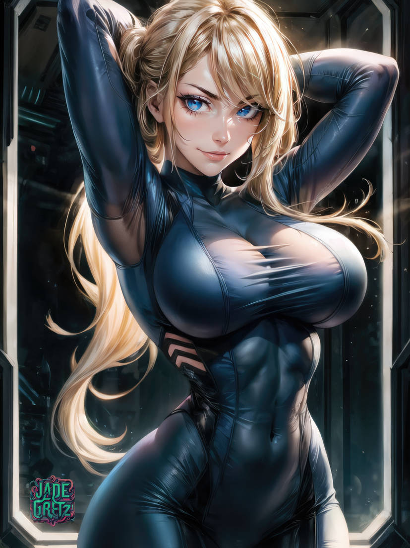 1girls, ai generated, big breasts, blonde hair, blue eyes, bodysuit, breasts, female, long hair, looking at viewer, metroid, samus aran, solo, space, watermark