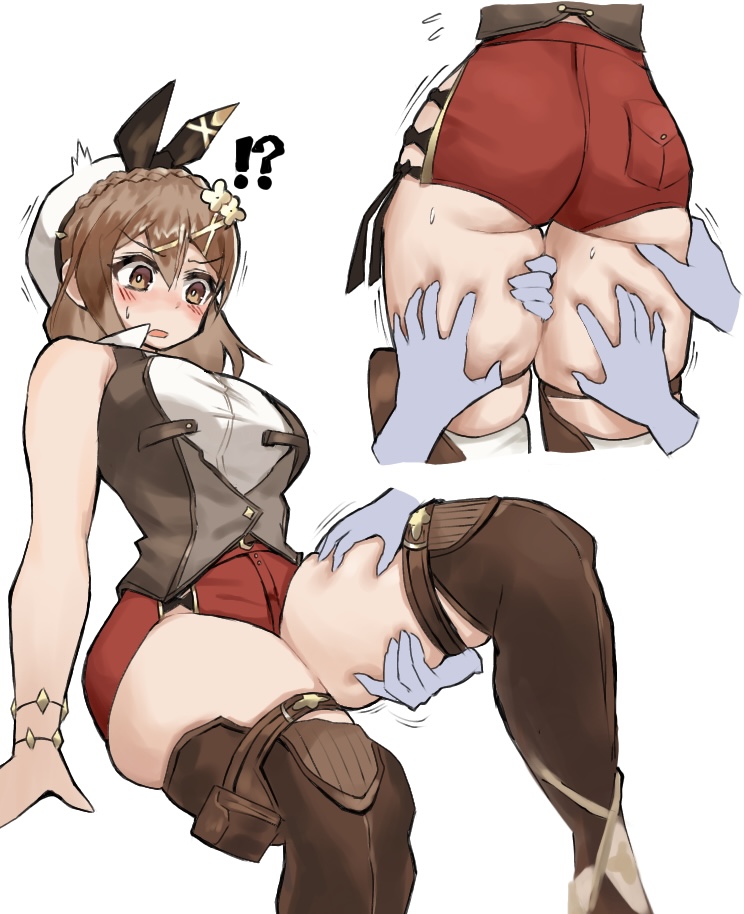 1girls ass atelier_(series) atelier_ryza breasts brown_eyes brown_hair disembodied_hand disembodied_hands female grabbing_thighs groping_thighs hat reisalin_stout short_shorts shorts skindentation solo_focus thick_thighs thigh_boots thigh_grab thighs white_background