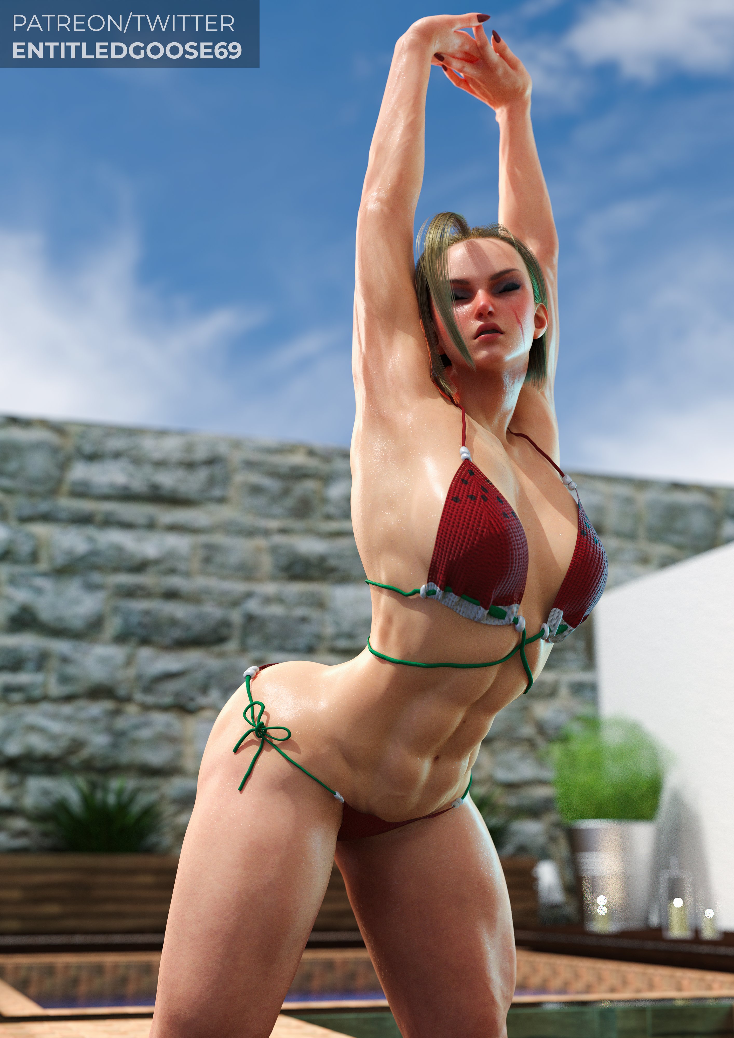 1girls, 3d, abs, ass, big ass, big breasts, bikini, breasts, cammy stretch, cammy white, capcom, cleavage, entitledgoose, female, female only, fit, fit female, mature female, milf, muscular, muscular female, solo, solo focus, straight hair, street fighter, street fighter 6, stretching, swimsuit, tagme, thick thighs, wide hips