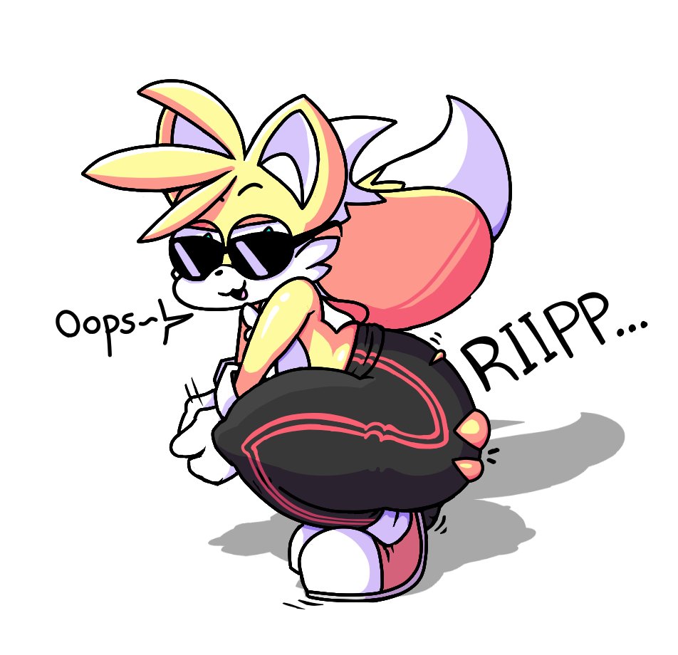 1boy 1male ass big_ass big_butt big_thighs bubble_ass bubble_butt femboy huge_ass huge_butt huge_thighs male male_only ripped_clothing ripped_pants sega senor9 senordraws solo solo_male sonic_(series) sonic_the_hedgehog_(series) squatting sunglasses tails tails_the_fox text thick_ass thick_thighs white_background yoga_pants