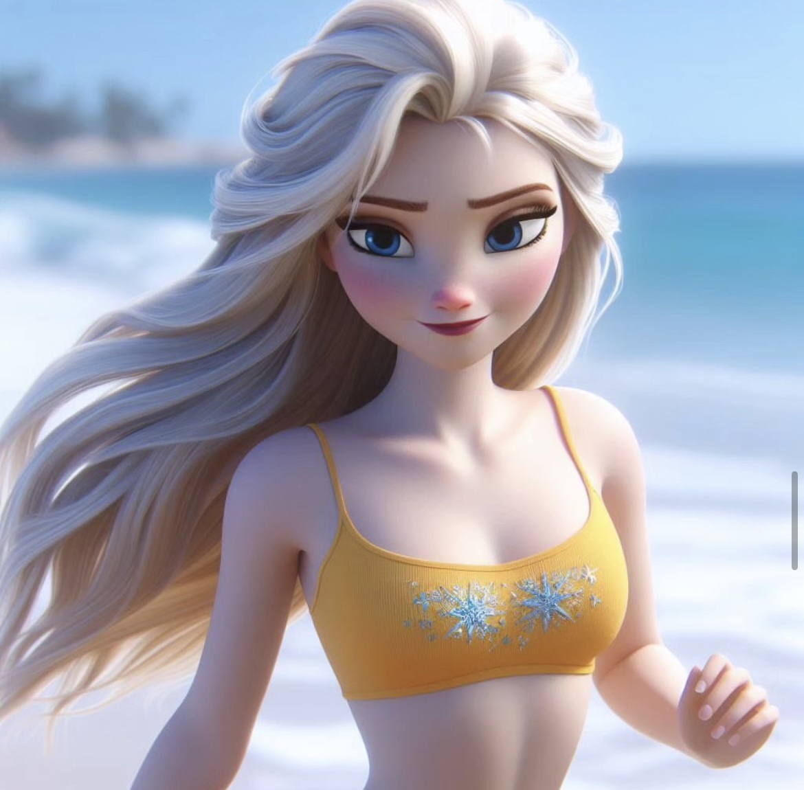ai generated, beach, blonde hair, disney, disney princess, elsa (frozen), female, frozen (film), small breasts, swimsuit, tagme
