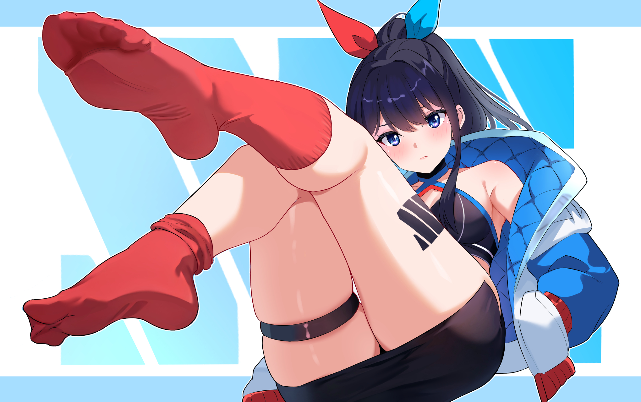 black hair, blue eyes, feet, feet visible through clothing, female, foot fetish, foot focus, gher5555, gridman universe, highres, light blush, long hair, looking at viewer, ponytail, red socks, socks, soles, soles of feet in socks, ssss.gridman, takarada rikka, thighs, toes visible through clothing
