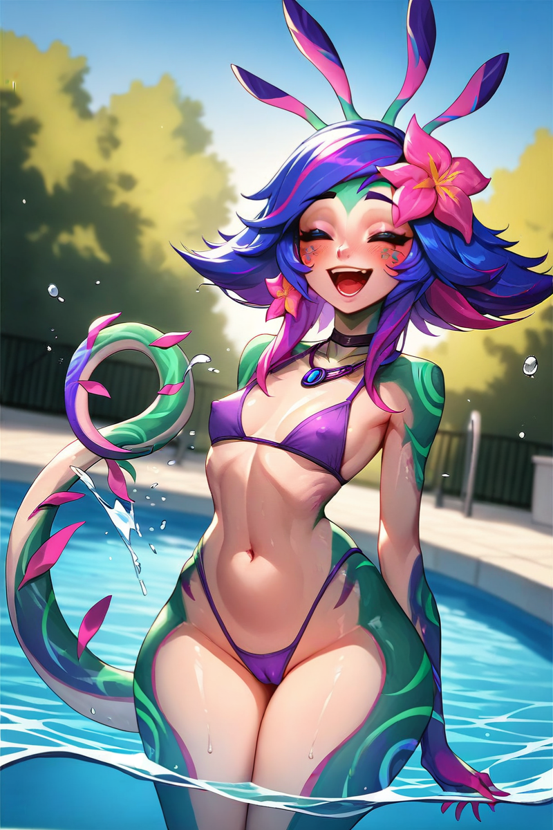 2024 ai_generated atomdildo belly_button blue_hair blush cameltoe closed_eyes colored_hair colorful facial_markings female female_focus female_only hair_flower happy league_of_legends legs_together necklace neeko open_mouth pool purple_bikini riot_games self_upload small_breasts small_waist solo splashing stable_diffusion standing swimming_pool tail thick_thighs water wide_hips