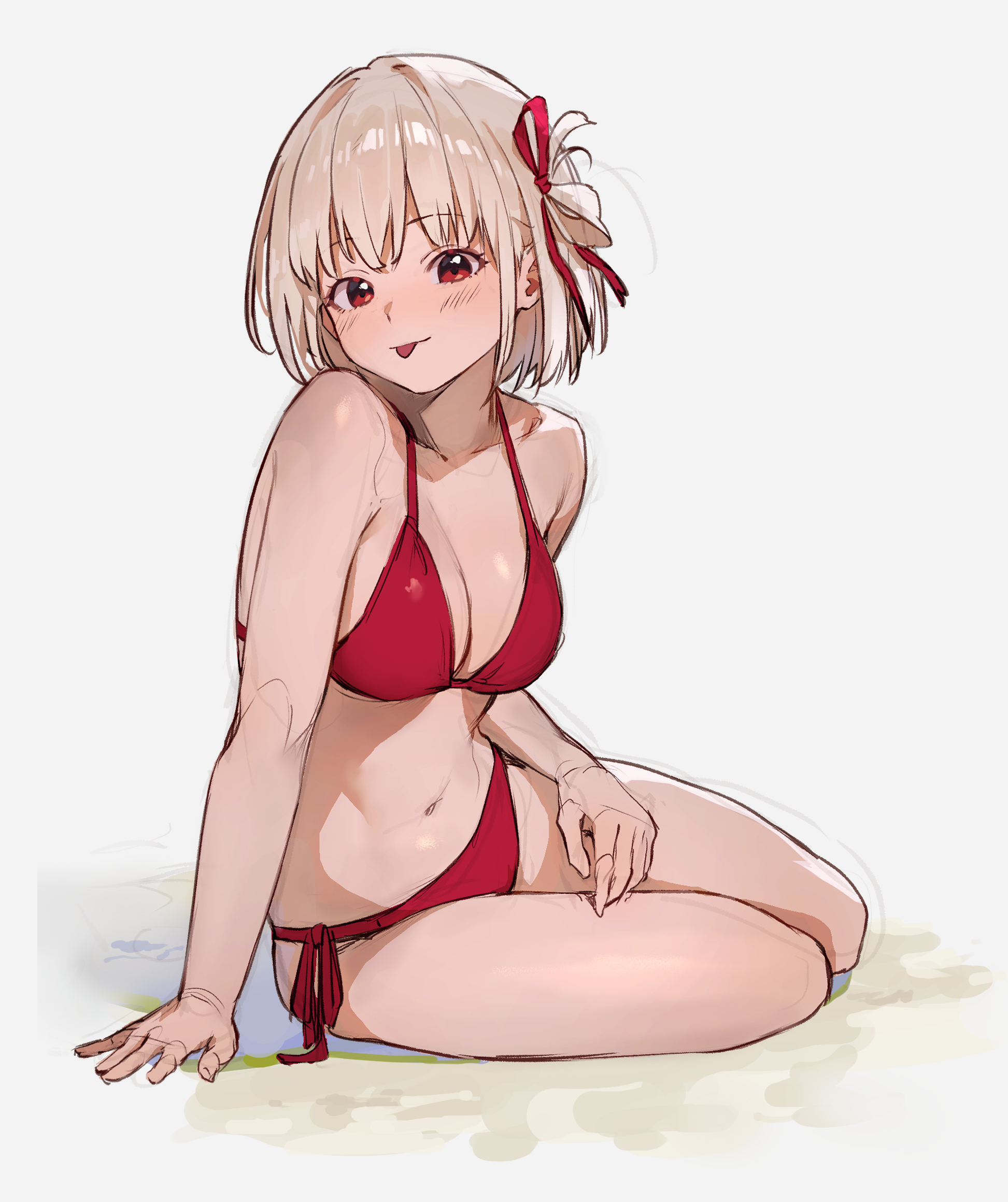 :p, absurd res, absurdres, arm support, arms, bare arms, bare legs, bare midriff, bare shoulders, bare thighs, bikini, bikini top, blonde female, blonde hair, blonde-haired female, blush, blush lines, breasts, cleavage, collarbone, female, female only, full body, hair ribbon, hands, hi res, high resolution, highres, knees, large breasts, legs, lycoris recoil, navel, nishikigi chisato, red bikini, red bikini bottom, red bikini top, red eyes, red swimsuit, red swimwear, red-eyed female, ribbon, short hair, side-tie bikini bottom, simple background, sitting, sitting down, sitting on floor, smile, smiling, solo, sooon, stomach, swimsuit, swimwear, thighs, tongue, tongue out, white background