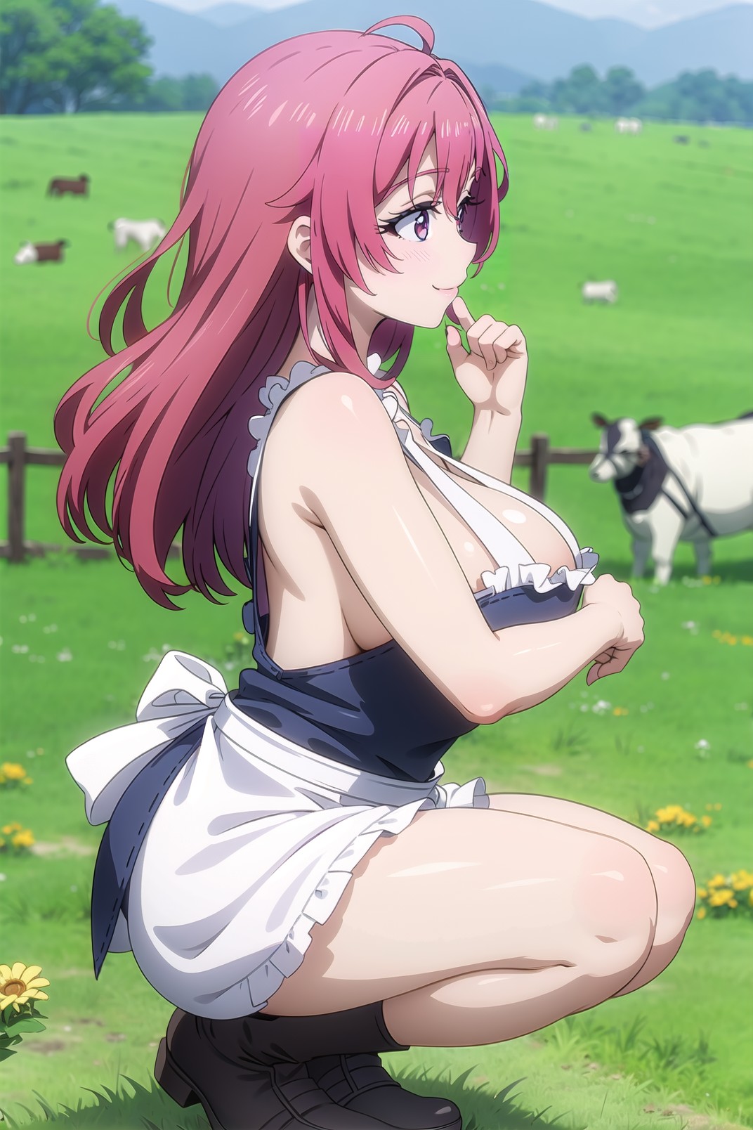 ai_generated ailucius777 apron big_breasts cow_girl_(goblin_slayer) farm female goblin_slayer large_breasts light-skinned_female pink_hair squatting