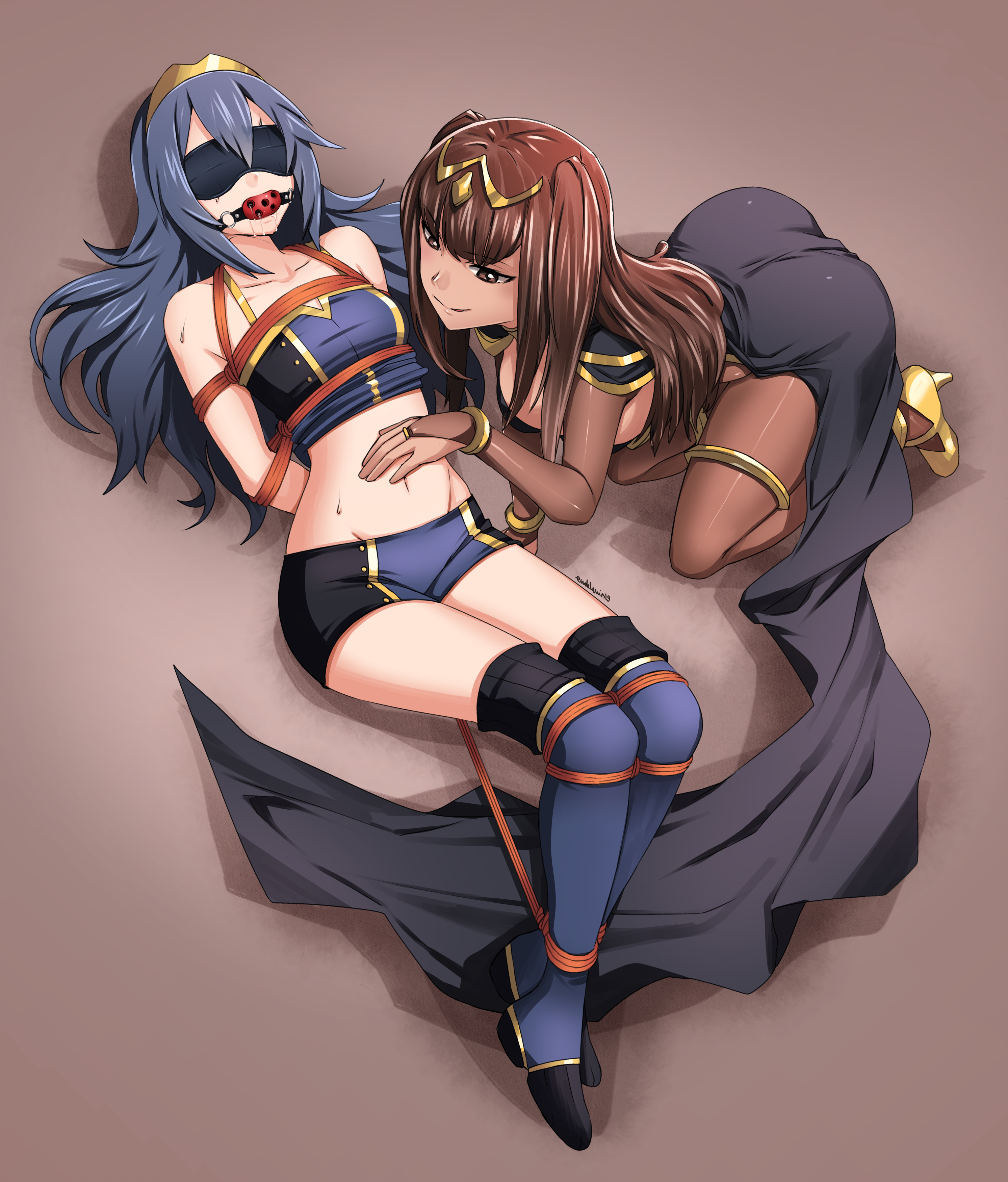 2girls, arms behind back, ass, ball gag, bare midriff, bare thighs, bdsm, black eyes, black hair, blindfold, blue hair, bodystocking, bondage, bound, bound arms, breasts, cape, cleave gag, clothed, dominant female, eudetenis, female, femdom, femsub, fire emblem, fire emblem awakening, gag, gagged, hair between eyes, large breasts, long hair, lucina (fire emblem), nintendo, rope, rope bondage, shorts, small breasts, smile, smirk, submissive female, sweat, tank top, tharja (fire emblem), tiara, yuri