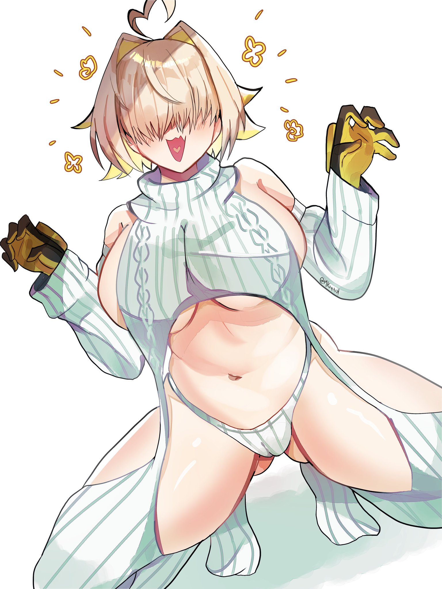 1girls, bare shoulders, bare thighs, big breasts, blonde hair, breasts, cameltoe, clothed, clothing, color, covered eyes, cute fang, elegg (nikke), female, female focus, female only, garterstraps, gloves, goddess of victory: nikke, hair over eyes, hi res, large breasts, light skin, light-skinned female, navel, pussy, pussy visible through clothes, short hair, simple background, solo, solo female, squatting, tagme, thick thighs, thighhighs, virgin killer sweater, white background