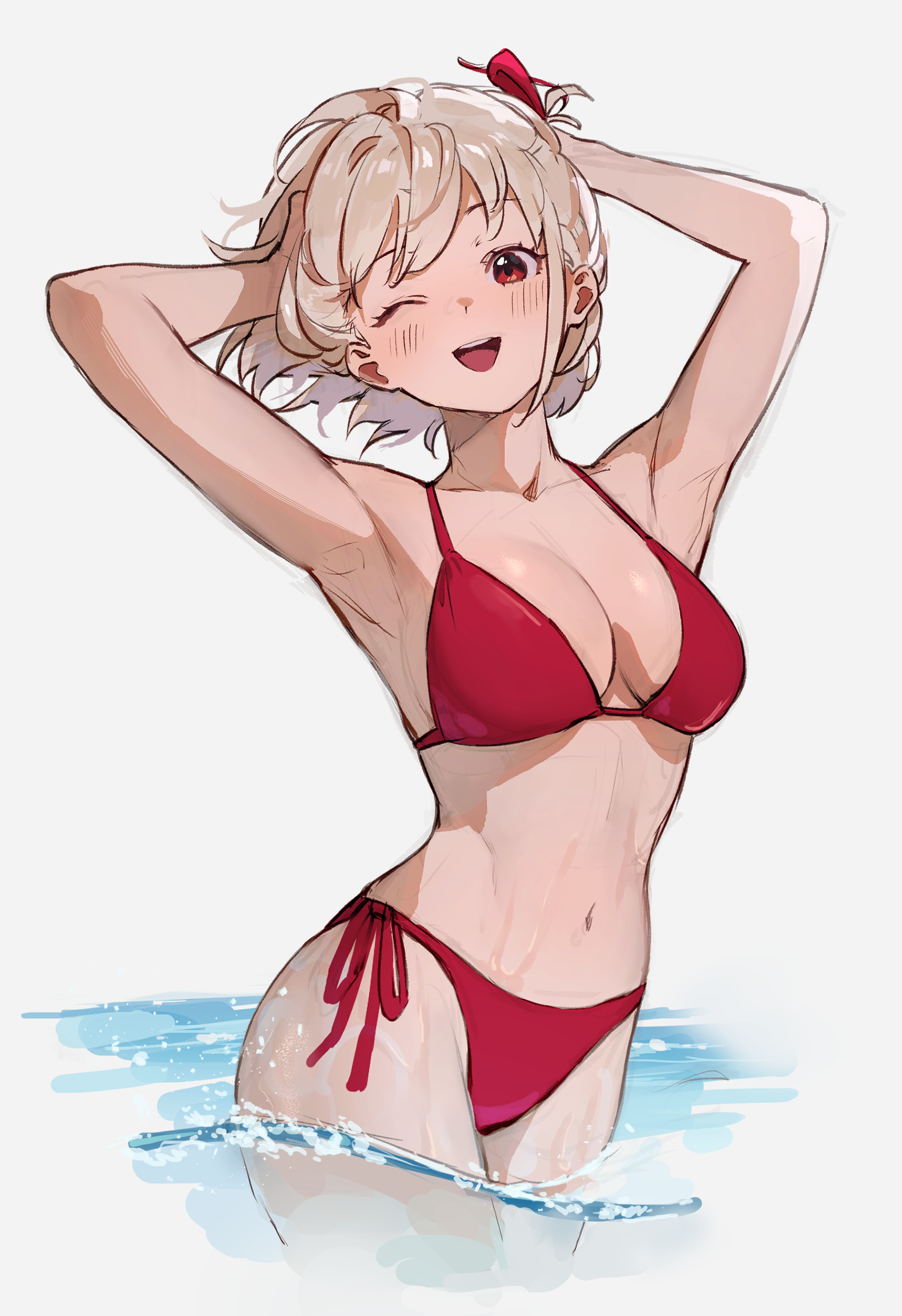 ;d, absurd res, absurdres, armpits, arms, arms behind head, arms up, bare arms, bare midriff, bare shoulders, bare thighs, belly, belly button, bikini, bikini top, blonde female, blonde hair, blonde-haired female, blush, blush lines, breasts, cleavage, collarbone, dot nose, female, female only, hair ribbon, hands behind head, hands up, hi res, high resolution, highres, lycoris recoil, medium breasts, midriff, navel, neck, nishikigi chisato, one eye closed, open mouth, red bikini, red bikini bottom, red bikini top, red eyes, red ribbon, red swimsuit, red swimwear, red-eyed female, short hair, simple background, smile, smiling, solo, sooon, stomach, swimsuit, swimwear, thighs, wading, waist, water, wet, white background