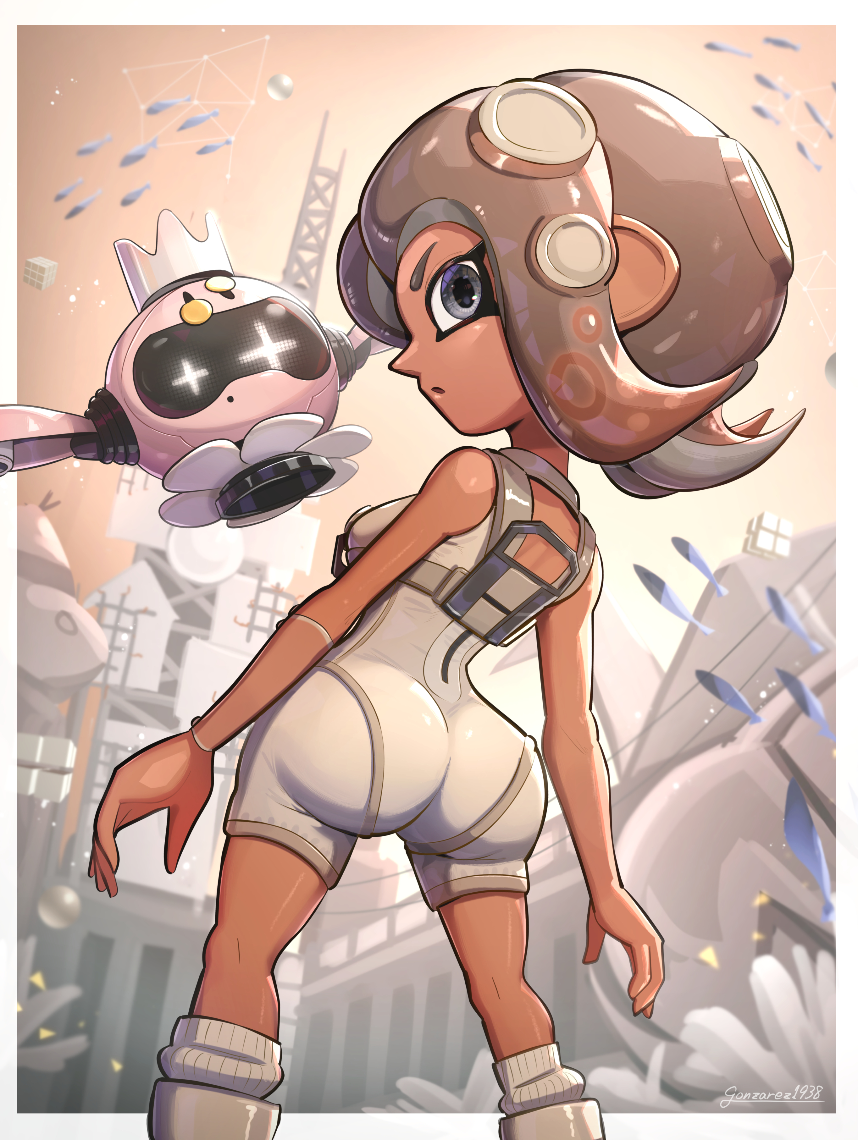 1girls, agent 8 (side order), agent 8 (splatoon), ass, ass focus, back view, big ass, clothed, clothing, female, female only, from behind, gonzarez, large ass, looking at viewer, looking back, looking over shoulder, nintendo, octoling, octoling girl, rear view, robot, round ass, round butt, solo, splatoon, splatoon (series), splatoon 3, splatoon 3: side order, standing, tagme, tan skin, tan-skinned female, tentacle hair, white clothing