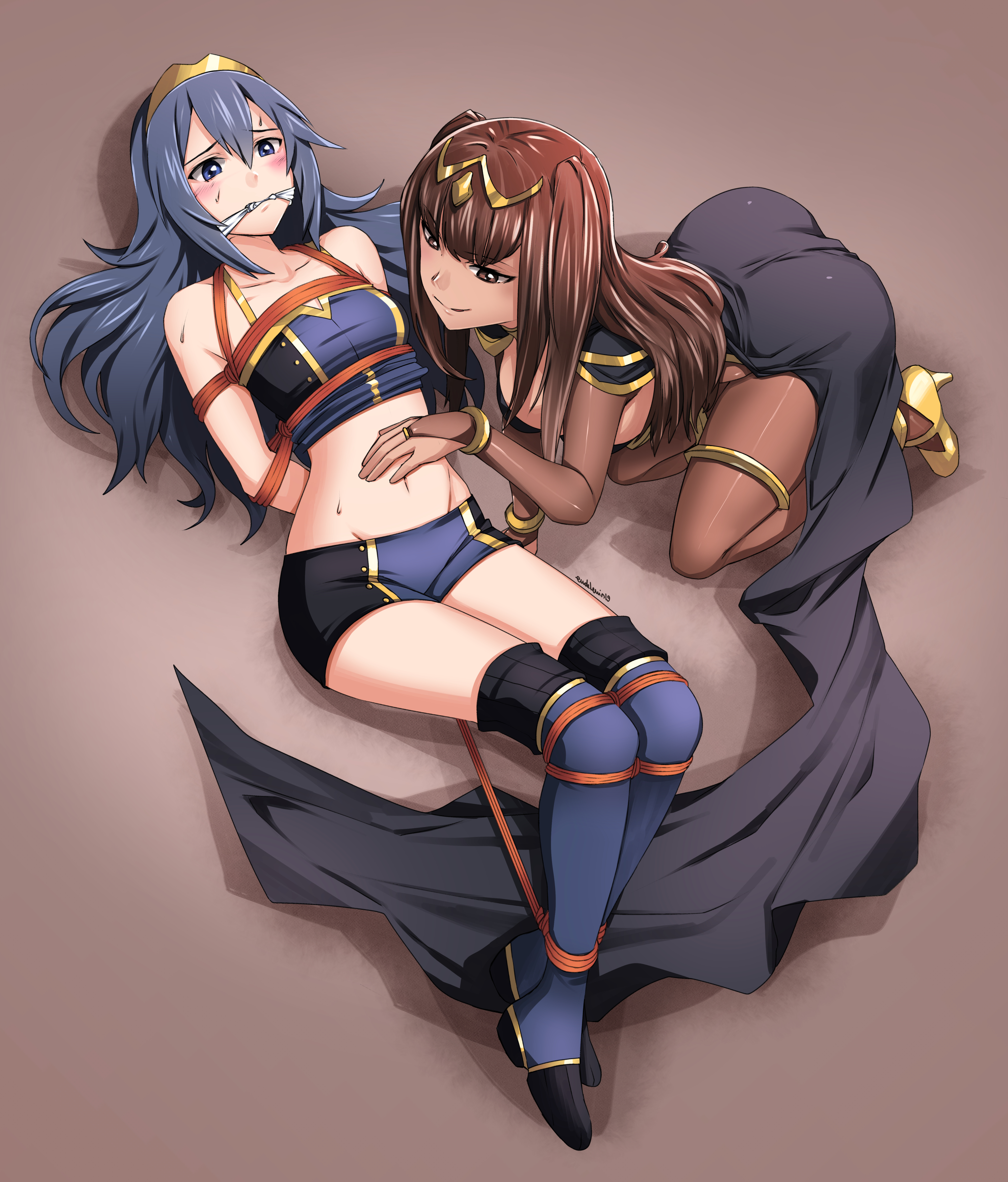 2girls, arms behind back, ass, bare midriff, bare thighs, black eyes, black hair, blue eyes, blue hair, blush, bodystocking, bondage, breasts, cape, cleave gag, cloth gag, eudetenis, female, femdom, femsub, fire emblem, fire emblem awakening, gag, gagged, hair between eyes, large breasts, long hair, lucina (fire emblem), nintendo, rope, rope bondage, shorts, small breasts, smile, smirk, sweat, tank top, tharja (fire emblem), tiara, yuri