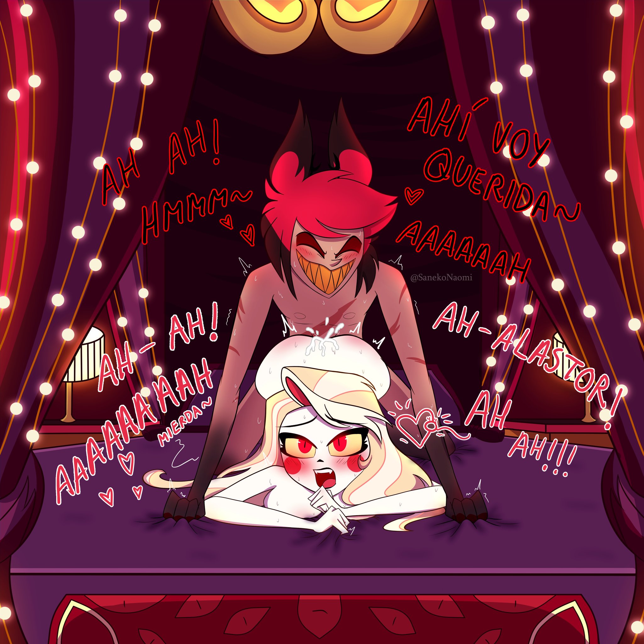 alastor (hazbin hotel), ambiguous penetration, ass, bedroom sex, blonde hair, blushing, charlie morningstar (hazbin hotel), cheating girlfriend, creampie, cum, cum on ass, cumming, deer, doggy style, fallen angel, fanon couple, female, hazbin hotel, male, male/female, moaning in pleasure, orgasm, red cheeks, red eyes, red hair, saneko naomi, straight