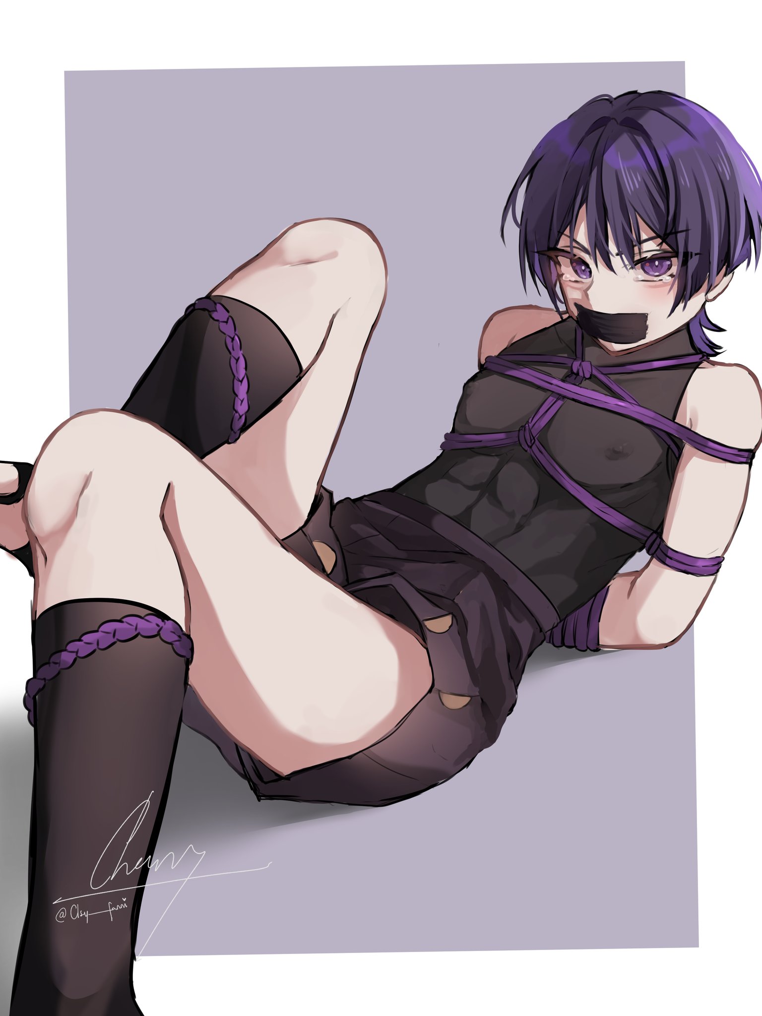 1boy, abs, arms behind back, bare shoulders, blue eyes, blue hair, bondage, erect nipples, genshin impact, looking at viewer, lying, male, male only, malesub, nipples, restrained, rope, scaramouche (genshin impact), shorts, taped mouth, thighs, tied up, twink