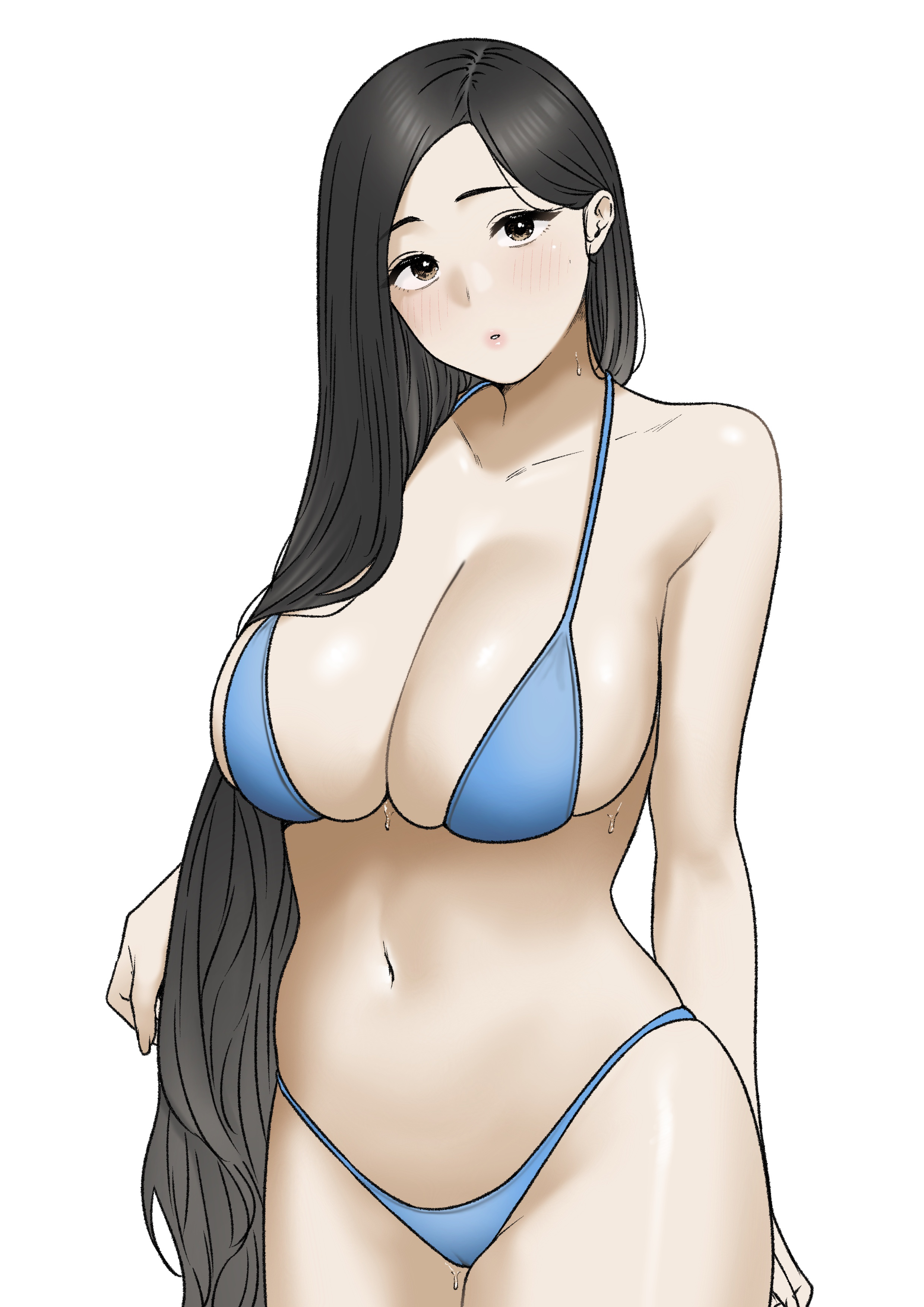 :o, 1girls, absurdres, bikini, black hair, blue bikini, blush, breasts, cameltoe, collarbone, female, head tilt, highres, huge breasts, long hair, looking at viewer, navel, original, pussy, simple background, skindentation, solo, stomach, straight hair, string bikini, sweat, swimsuit, tantanmen72, very long hair, white background