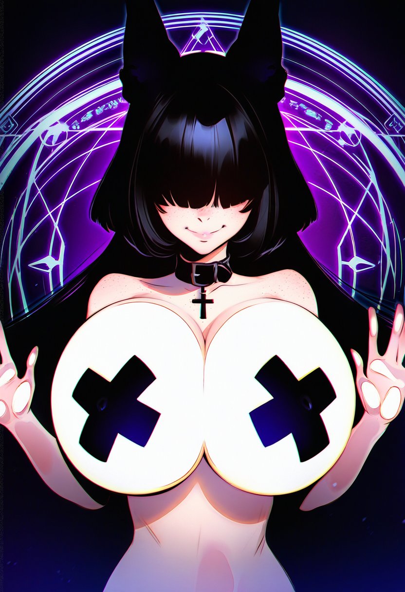 1girls, against surface, ai generated, animal ears, arcadiasofka, big breasts, black hair, breasts, breasts against glass, closed smile, collar, cross necklace, facing viewer, female, goth, goth girl, hair covering eyes, hair over eyes, hands up, large breasts, light skin, light-skinned female, lips, long hair, neckwear, nude, nude female, original character, pasties, pink lips, smile, smiling, smiling at viewer, solo, solo female, summoning circle, taped nipples, x pasties