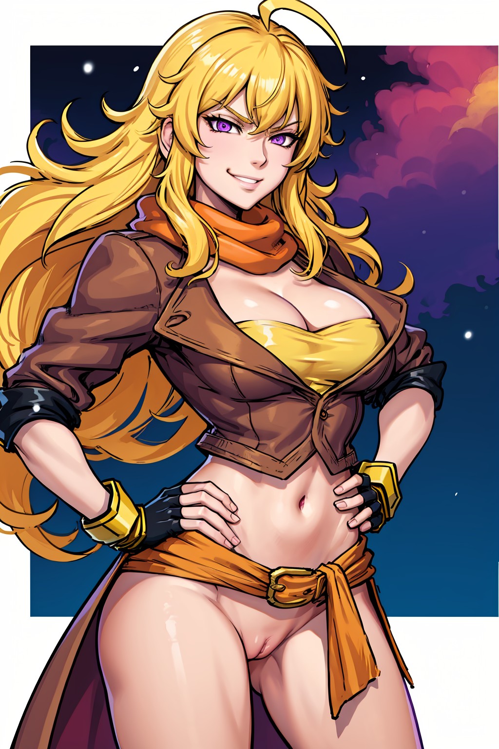 ai generated, blonde hair, brown jacket, female, hands on hips, no panties, pussy, rwby, smirk, yang xiao long, yellow topwear