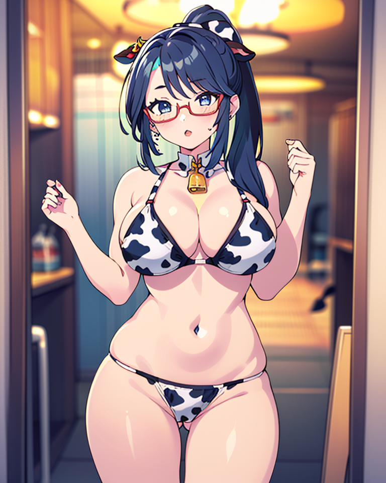 1girls adult adult_female ai_generated ai_hands aqua_hair bell belly big_breasts bikini bikini_bottom bikini_top blue_eyes blush blush_lines blushing_at_viewer bra breasts clothing collar colored_inner_hair cow_bell cow_bell_collar cow_ears cow_print cow_print_bikini cow_print_bra cow_print_panties dark_hair door doorway female female_focus female_only genshin_impact glasses glasses_on_head greeting headband hips huge_breasts long_hair looking_at_viewer mature_female mature_woman milf multicolored_hair naked naked_female navel onkomaker panties solo solo_female solo_focus standing stomach thighs xianyun_(genshin_impact)