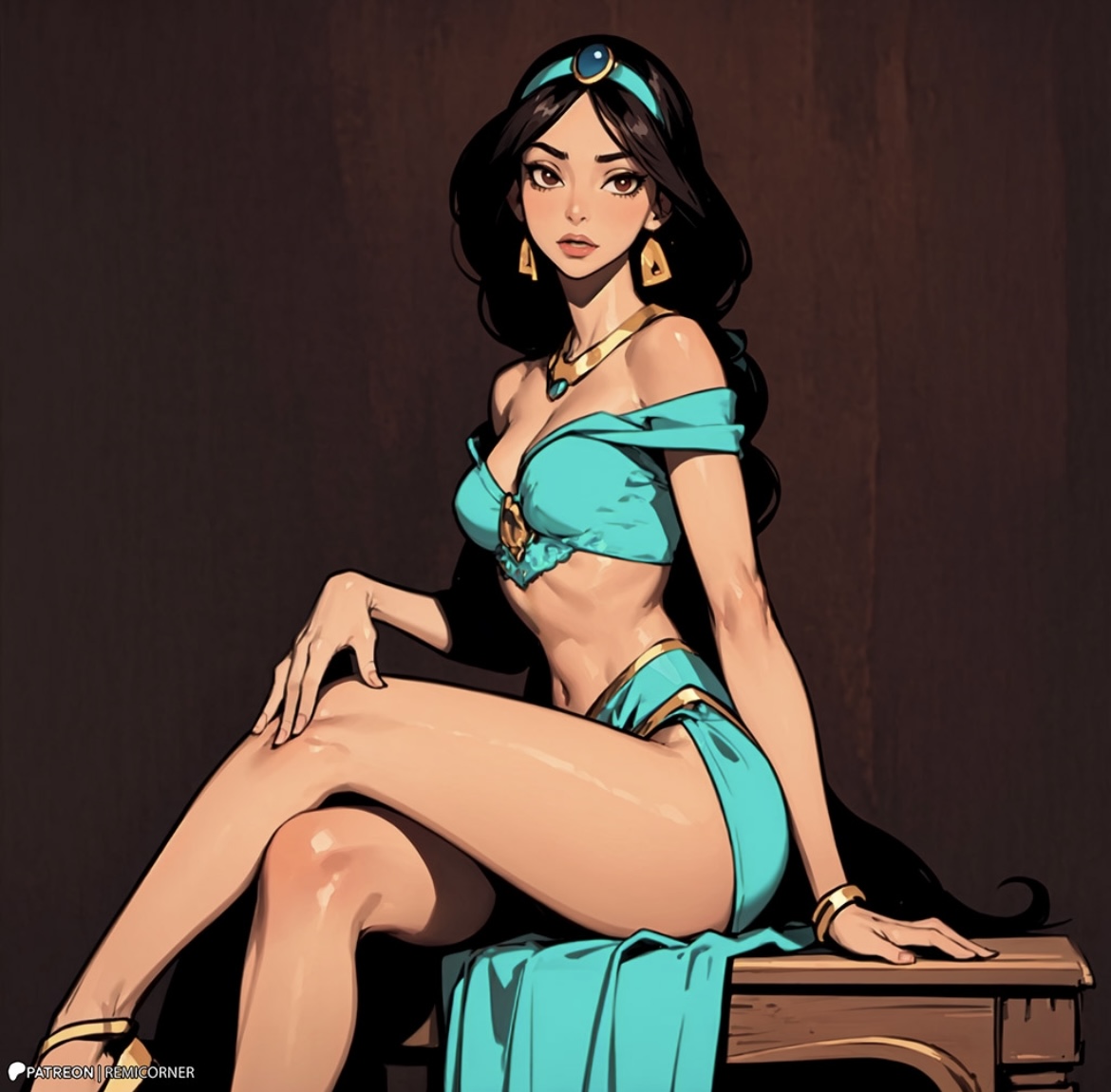 ai generated, aladdin, crossed legs, disney, disney princess, female, harem outfit, midriff, patreon logo, patreon username, princess jasmine, remicorner, tagme, whitewashed