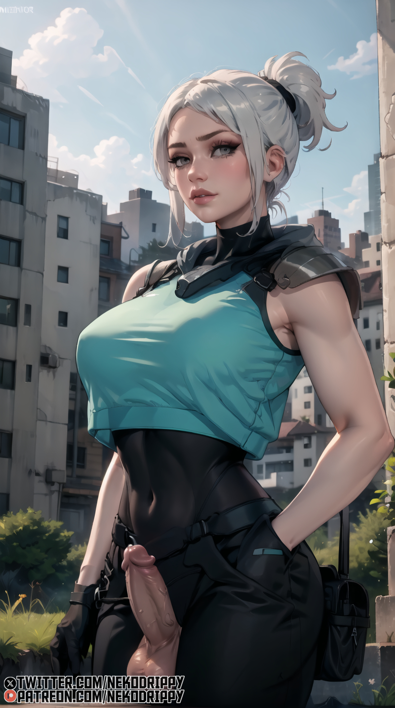 1futa, abs, ai generated, balls, big breasts, big penis, blush, breasts, erection, full-package futa, futa only, futa sans pussy, futanari, highres, human, intersex, jett (valorant), light skin, light-skinned futa, looking down, medium breasts, medium penis, nekodrippy, nipples, nude, pale skin, parted lips, penis, precum, slim waist, smooth balls, smooth penis, solo, stable diffusion, thick thighs, tied hair, tied up, valorant, white hair