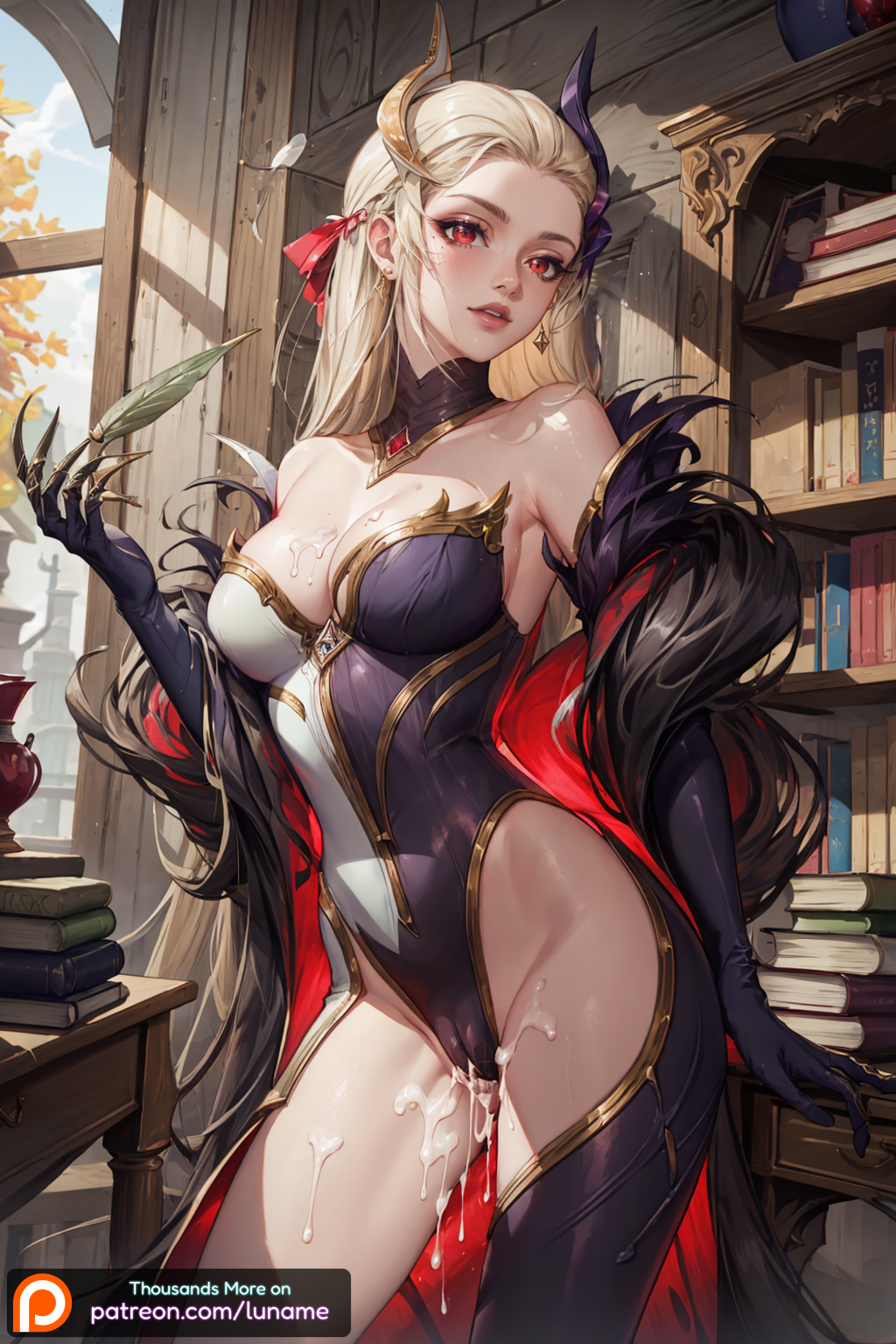 ai_generated blonde_hair cloth clothed coven_evelynn cum cum_in_pussy cum_on_body cum_on_breasts evelynn indoors league_of_legends league_of_legends:_wild_rift library long_hair luname open_mouth pussy red_eyes