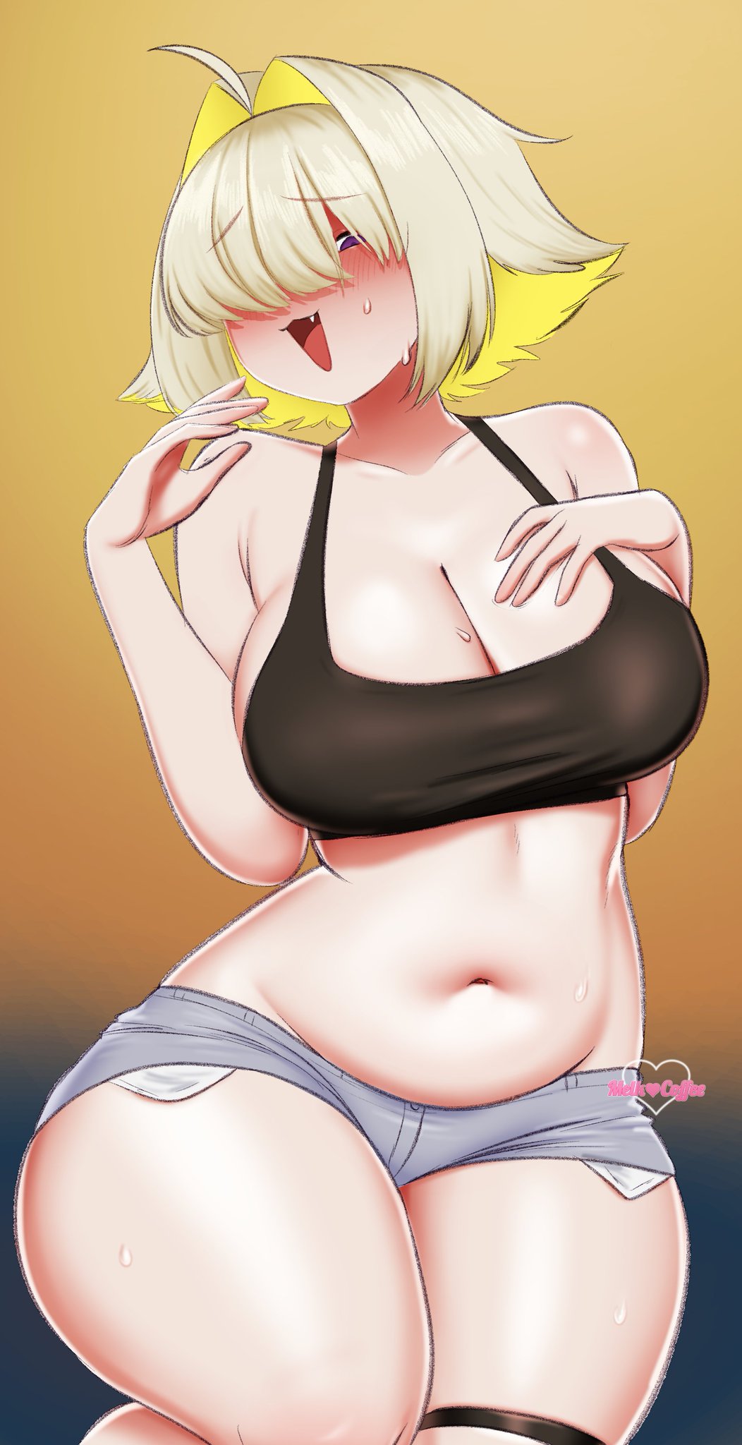 :3, big breasts, black tank top, blonde hair, blush, booty shorts, breasts, cleavage, cute fang, elegg (nikke), female, female only, goddess of victory: nikke, hair over one eye, light skin, light-skinned female, midriff, navel, pale skin, pale-skinned female, purple eyes, short shorts, shorts, shoulder length hair, sweat, sweaty, sweaty body, tank top, thick thighs, thigh strap, two-tone hair