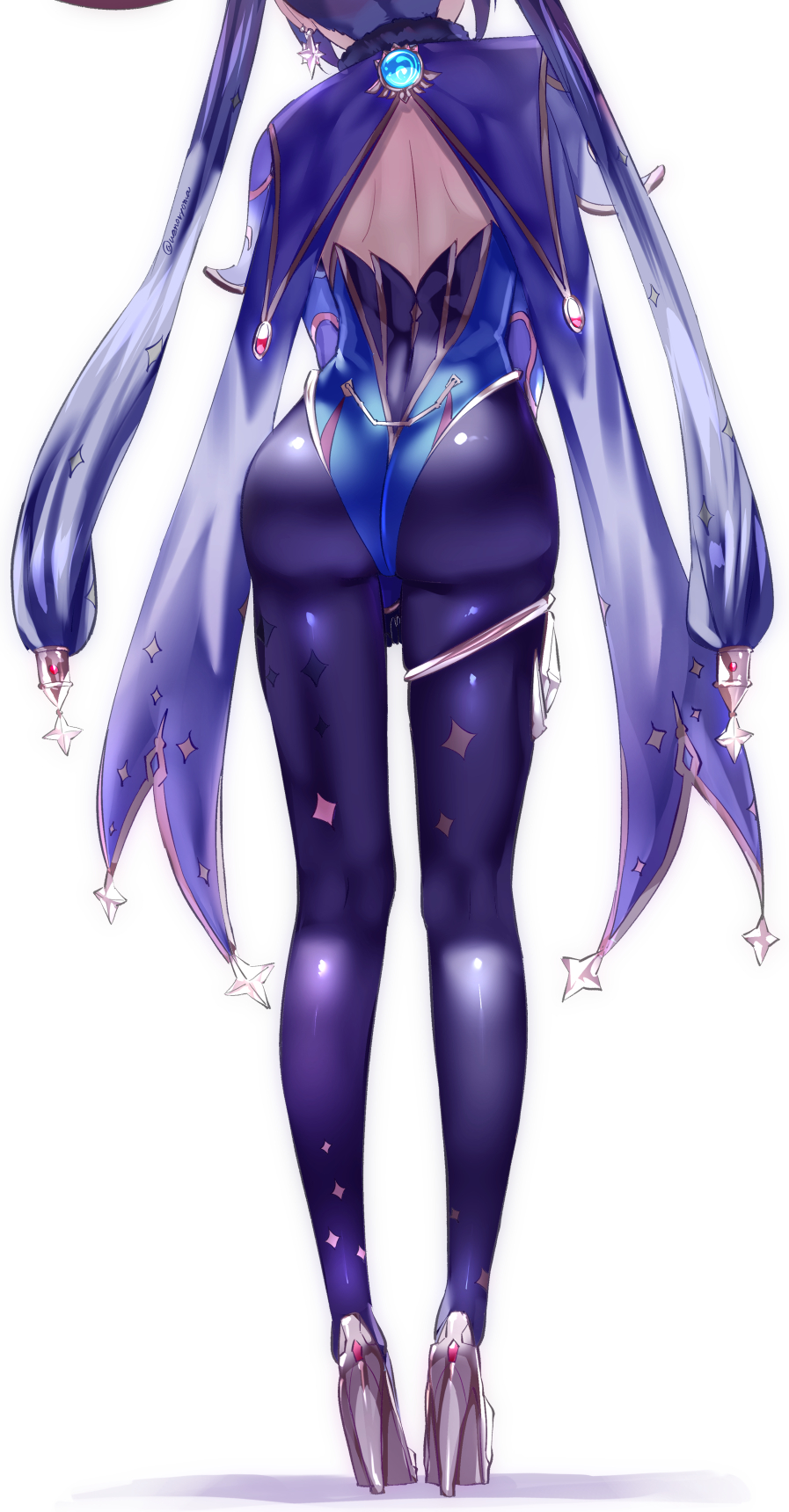 1girls, 2021, alternate version available, ass, ass focus, ass shot, back, back view, backless outfit, black hair, blue leotard, bubble ass, bubble butt, female, female focus, female only, genshin impact, hair ornament, hat, heels, high heels, highleg leotard, huge ass, large hat, leggings, leotard, long hair, long legs, looking forward, mona (genshin impact), pantyhose, sheer legwear, simple background, standing, star (symbol), twintails, uenoryoma, white background, witch hat