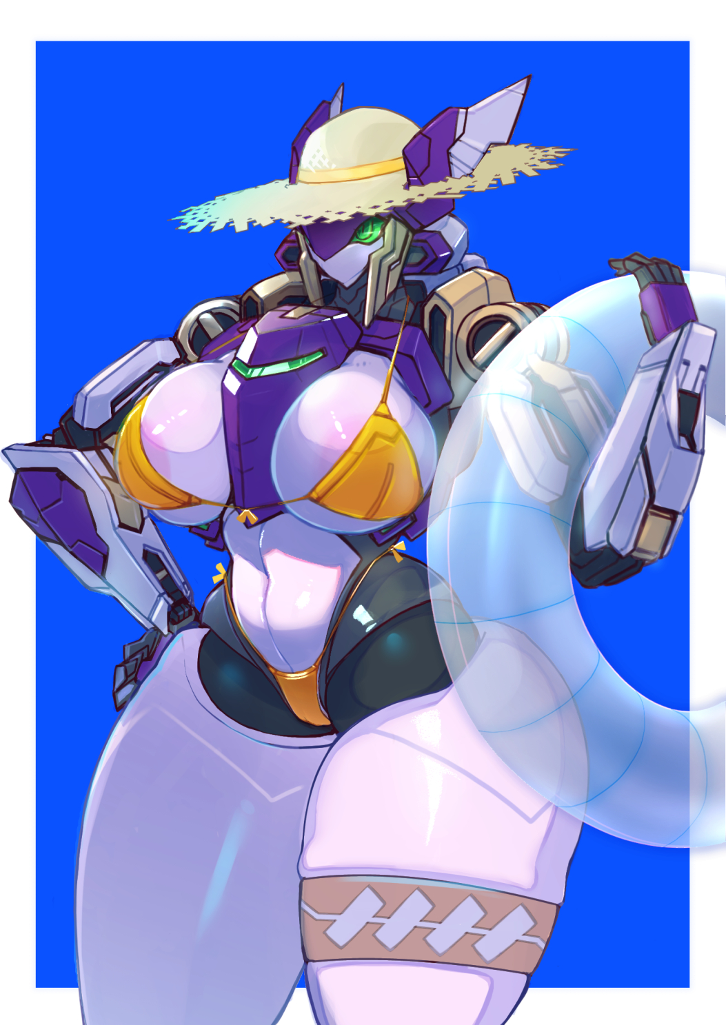 beach_clothes big_breasts bikini busty mechanical radical robot robot_girl sun_hat t-t/u2 tagme tagme_(character) thick_thighs yellow_bikini